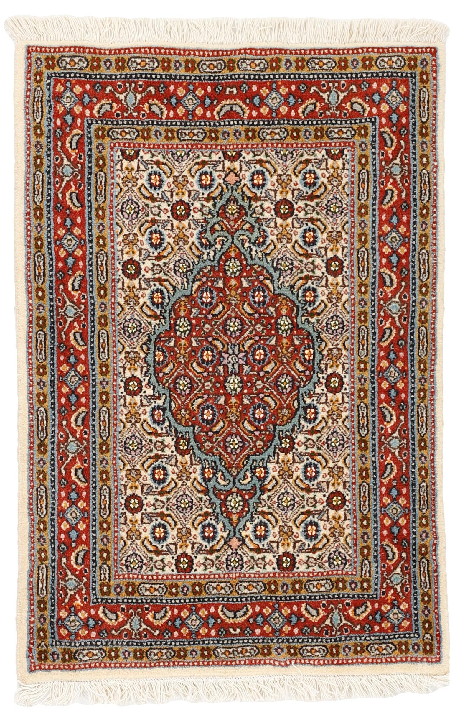 authentic persian rug with traditional floral pattern in red, blue, beige, brown and black