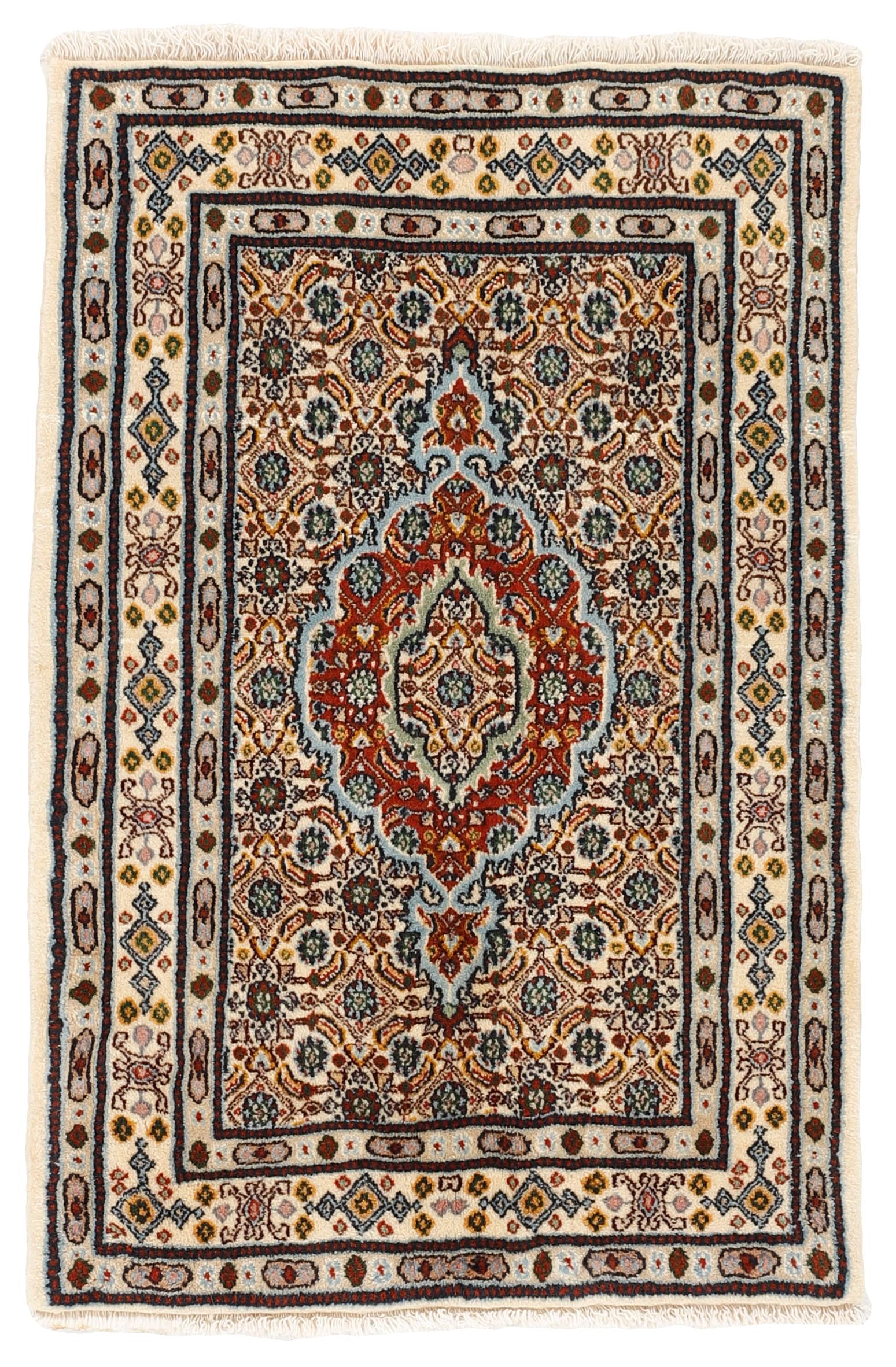 authentic persian rug with traditional floral pattern in red, blue, beige, brown and black