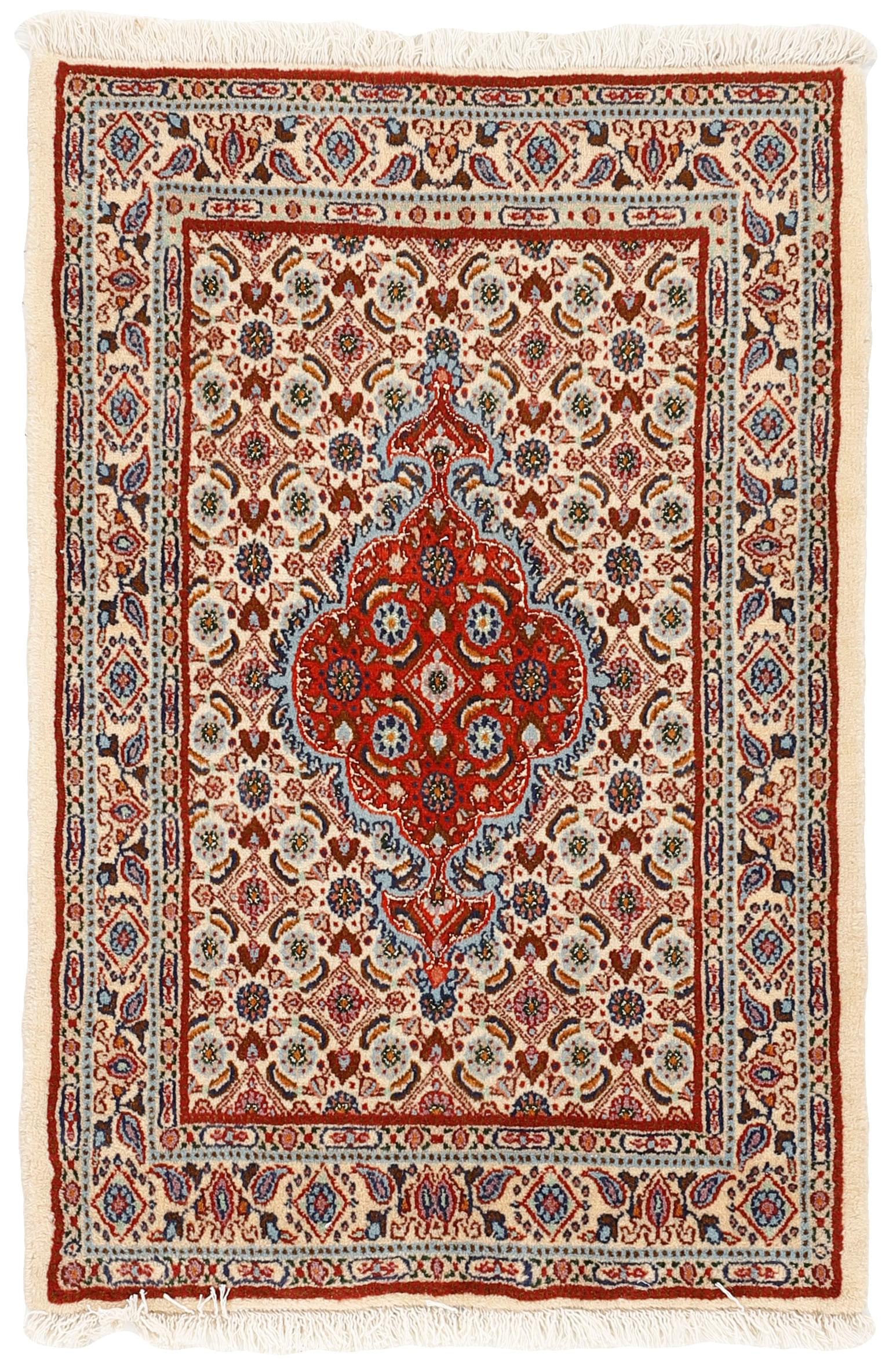 authentic persian rug with traditional floral pattern in red, blue, beige, brown and black