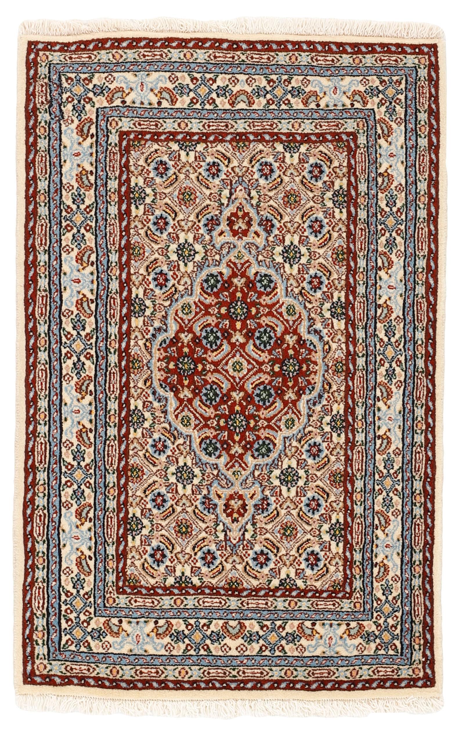 authentic persian rug with traditional floral pattern in red, blue, beige, brown and black