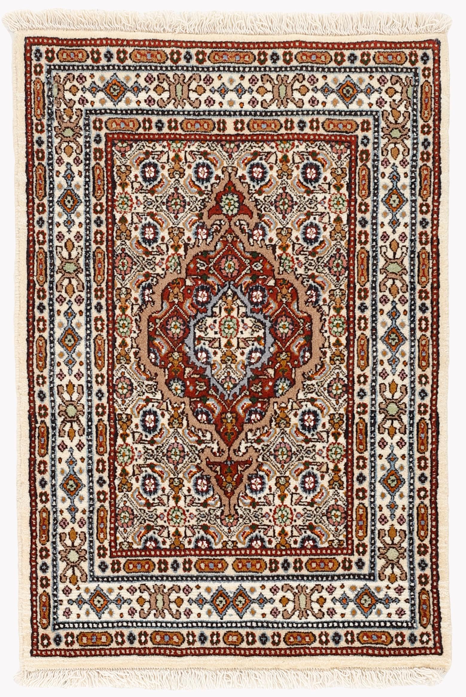 authentic persian rug with traditional floral pattern in red, blue, beige, brown and black