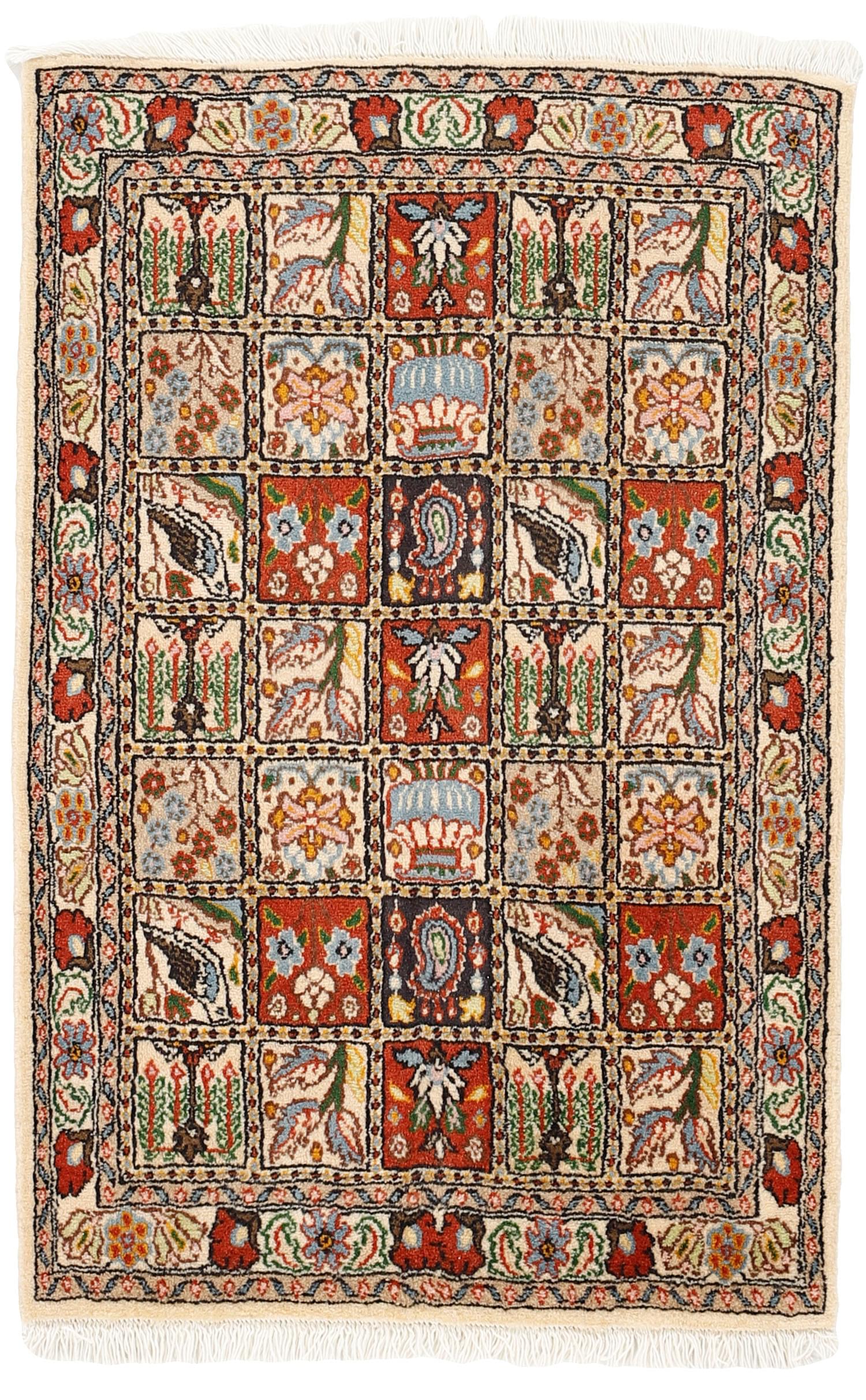 authentic persian rug with floral pattern in beige, blue and red