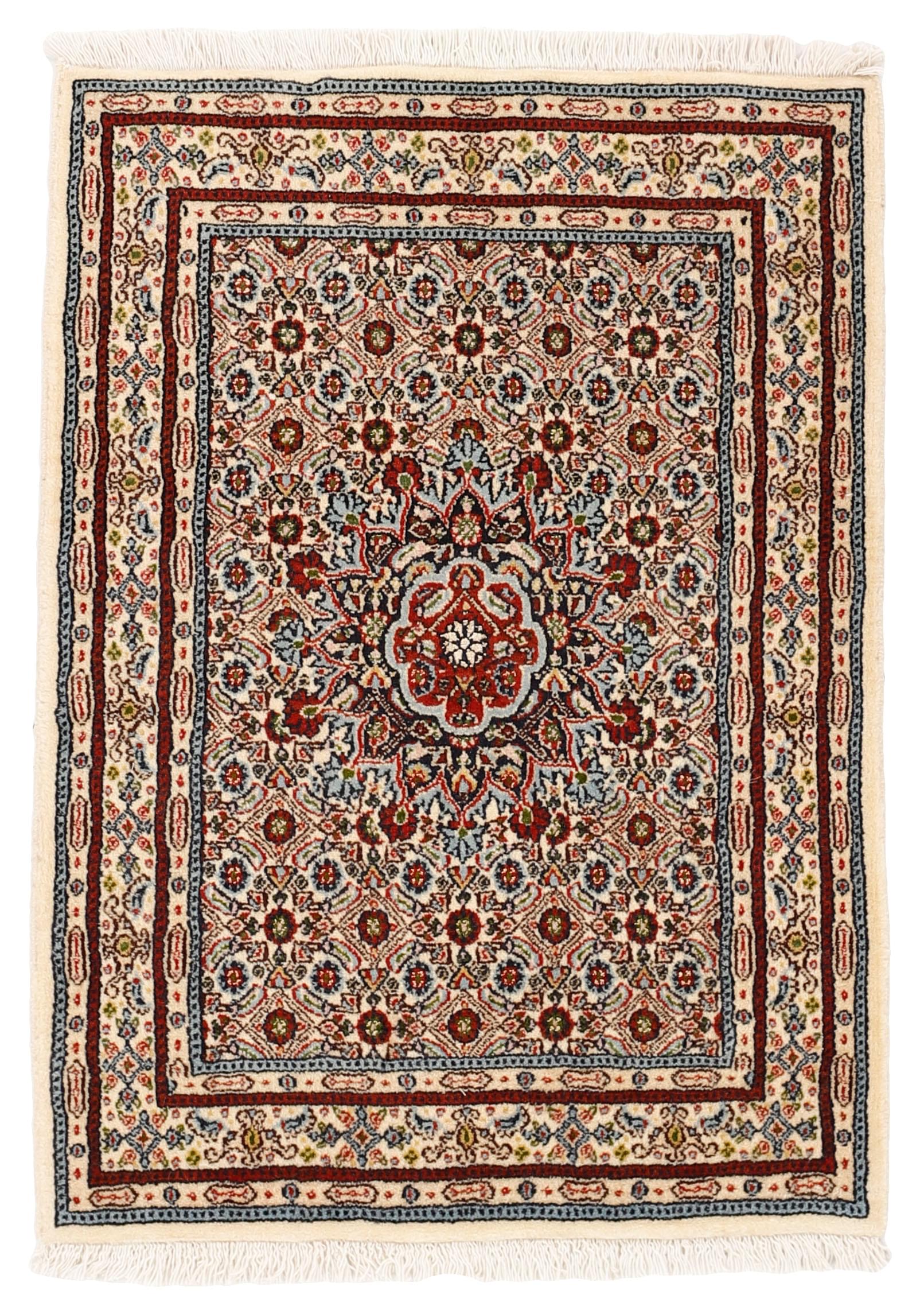 authentic persian rug with traditional floral pattern in red, blue, beige, brown and black