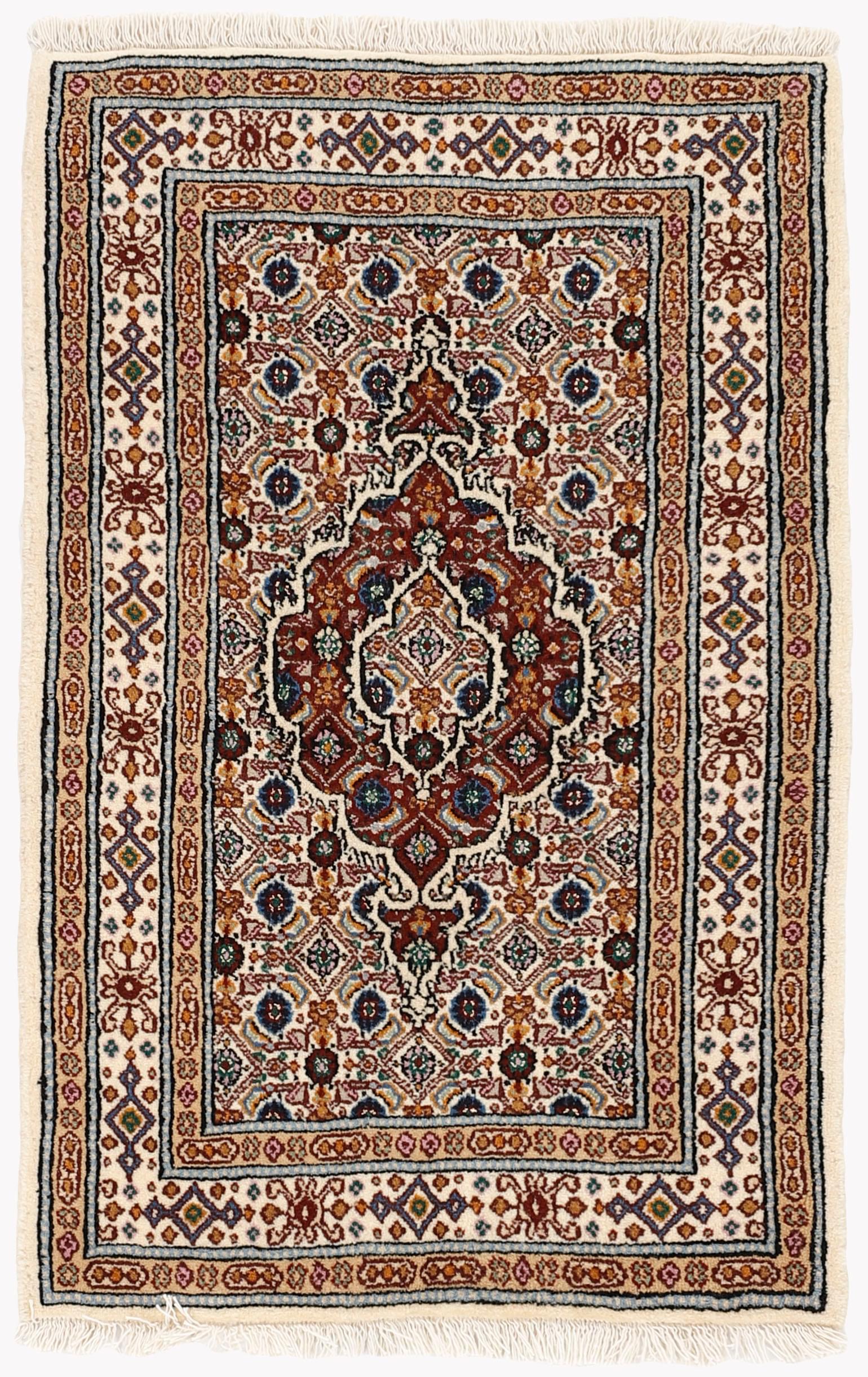 authentic persian rug with traditional floral pattern in red, blue, beige, brown and black