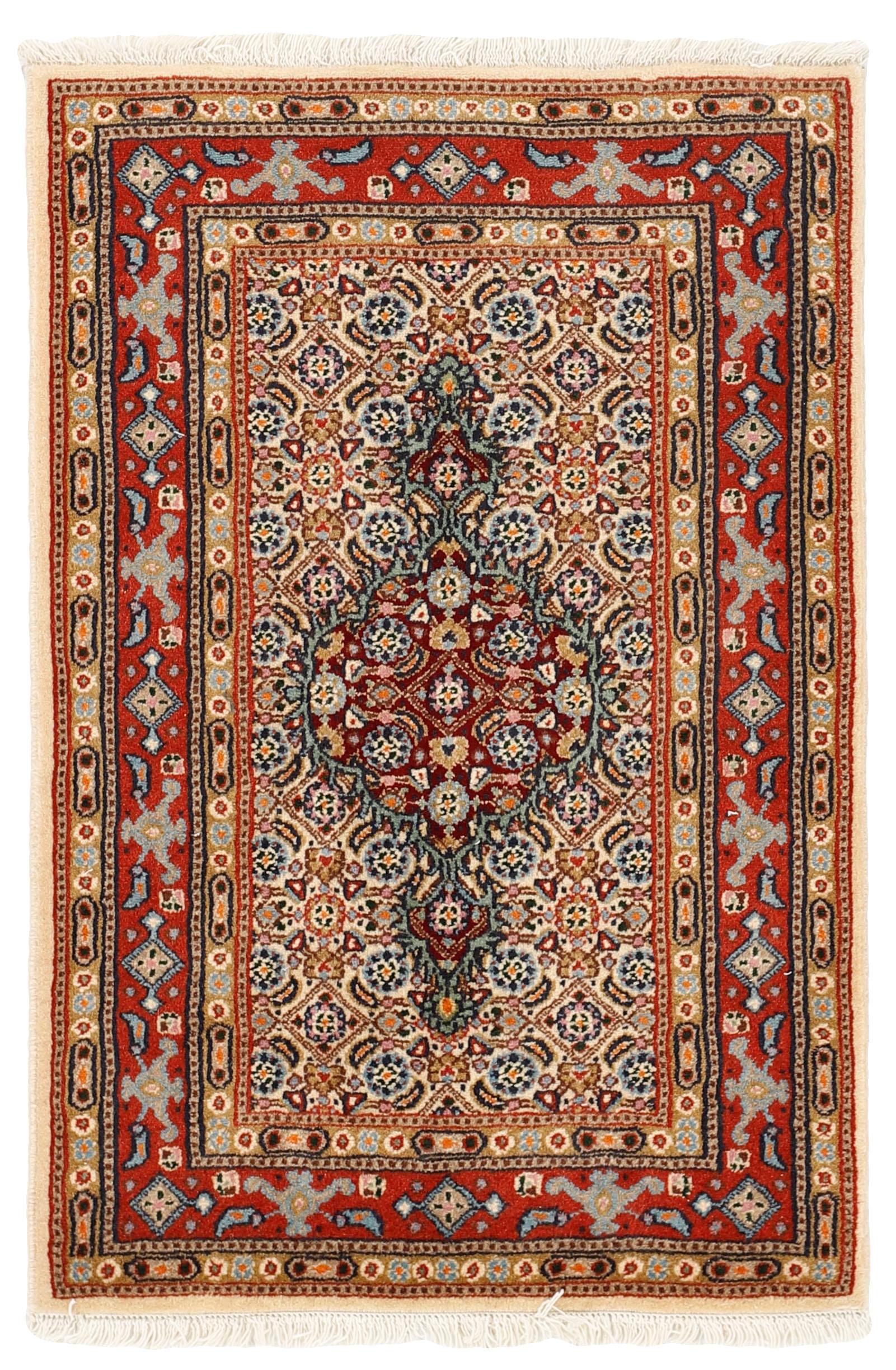 authentic persian rug with traditional floral pattern in red, blue, beige, brown and black