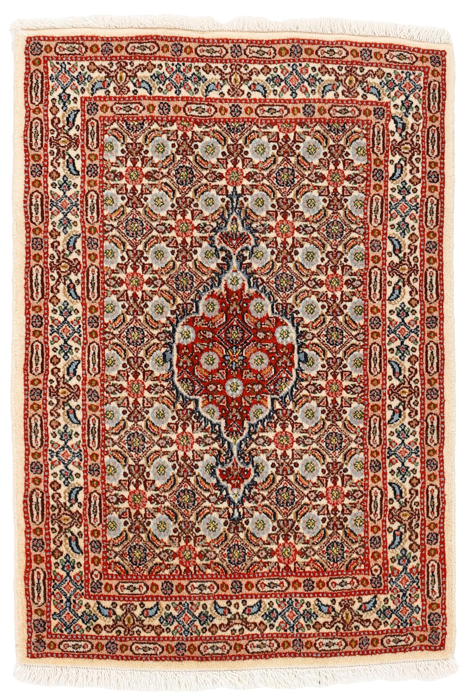 authentic persian rug with traditional floral pattern in red, blue, beige, brown and black