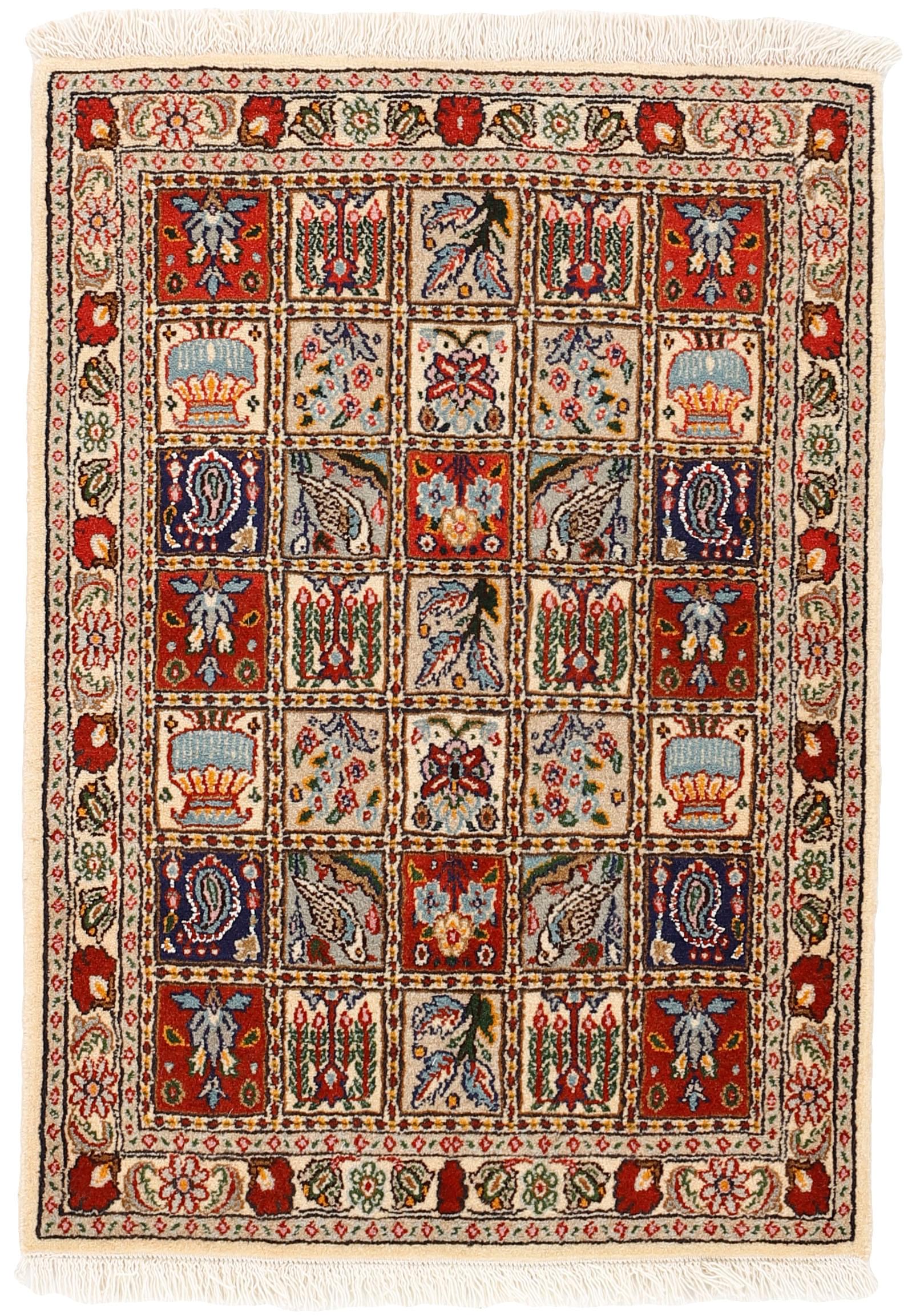 authentic persian rug with floral pattern in beige, blue and red