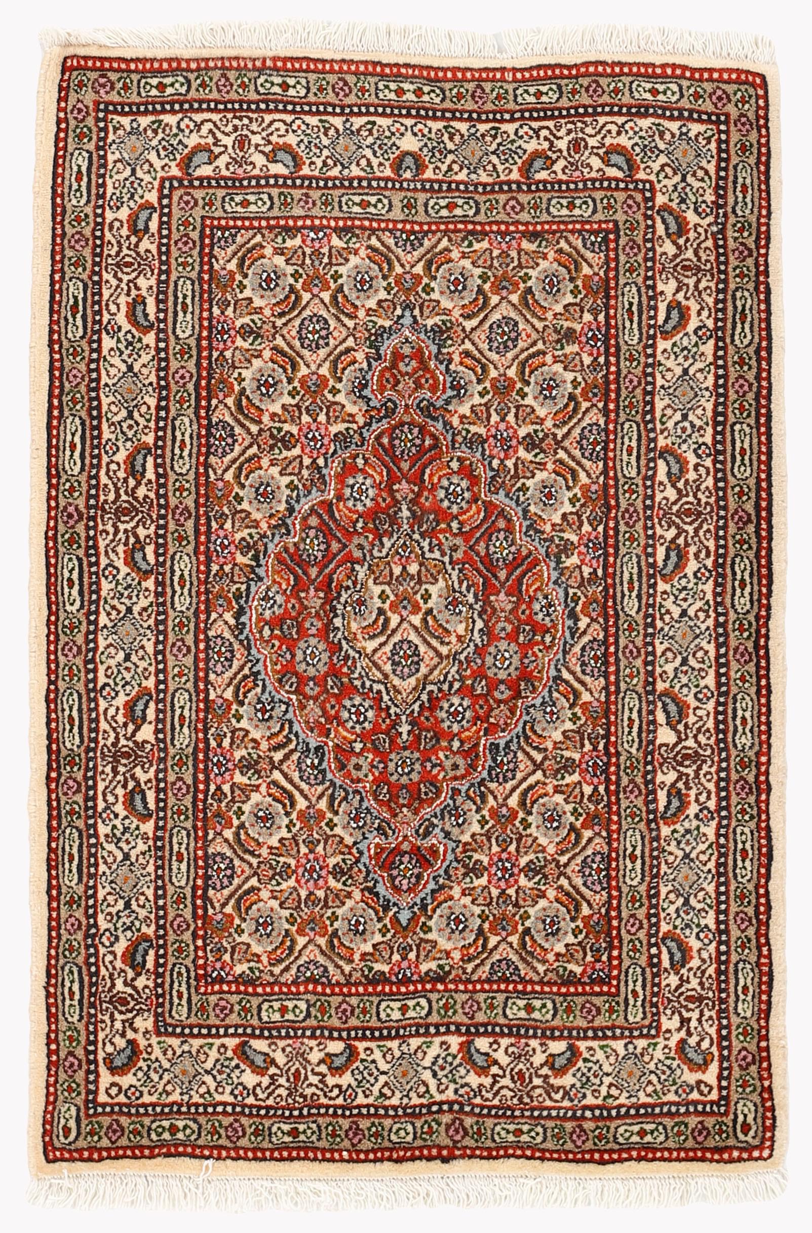 authentic persian rug with traditional floral pattern in red, blue, beige, brown and black