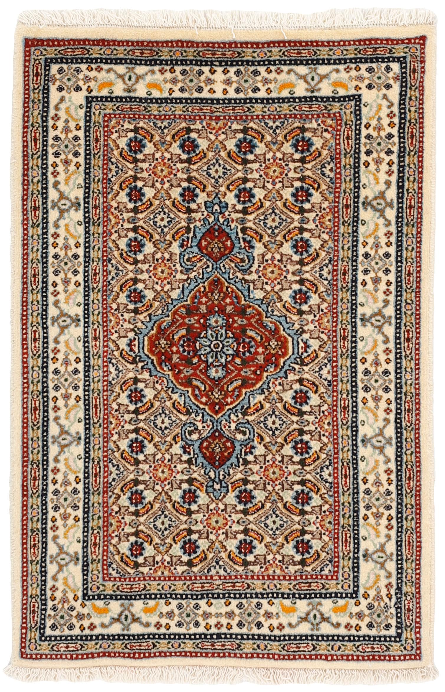 authentic persian rug with traditional floral pattern in red, blue, beige, brown and black