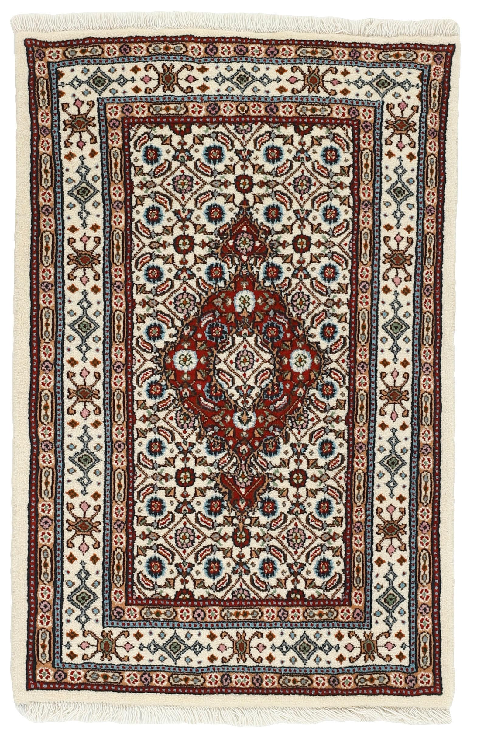 authentic persian rug with traditional floral pattern in red, blue, beige, brown and black