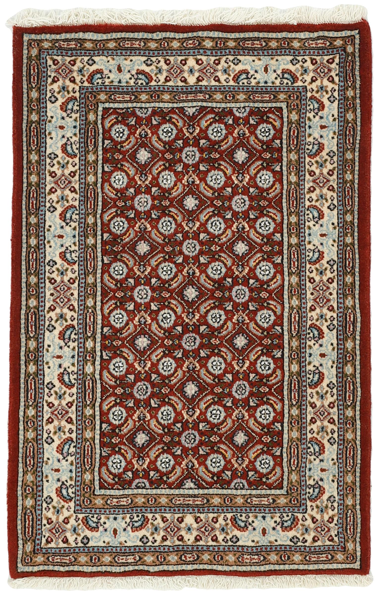 authentic persian rug with traditional floral pattern in red, blue, beige, brown and black