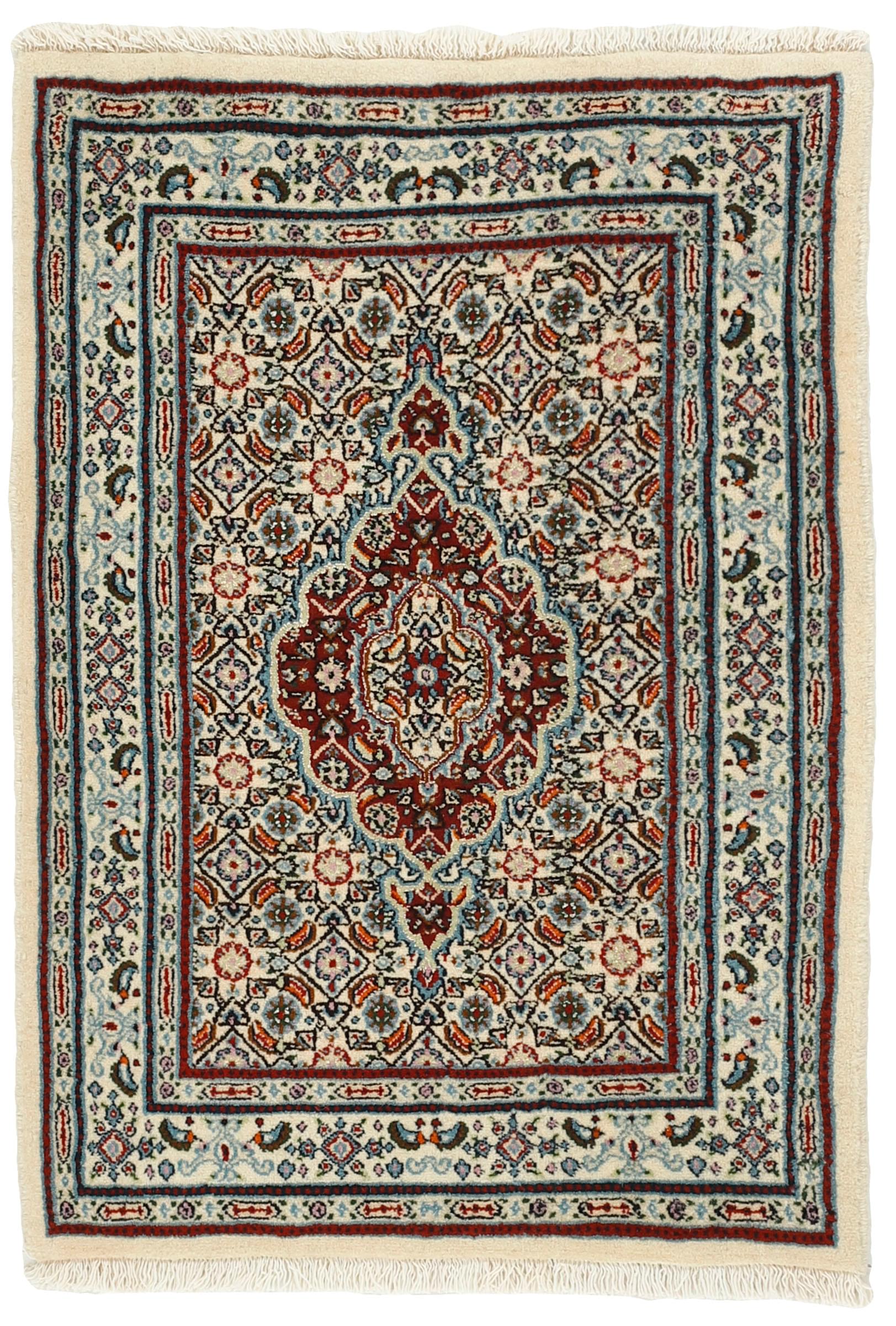authentic persian rug with traditional floral pattern in red, blue, beige, brown and black
