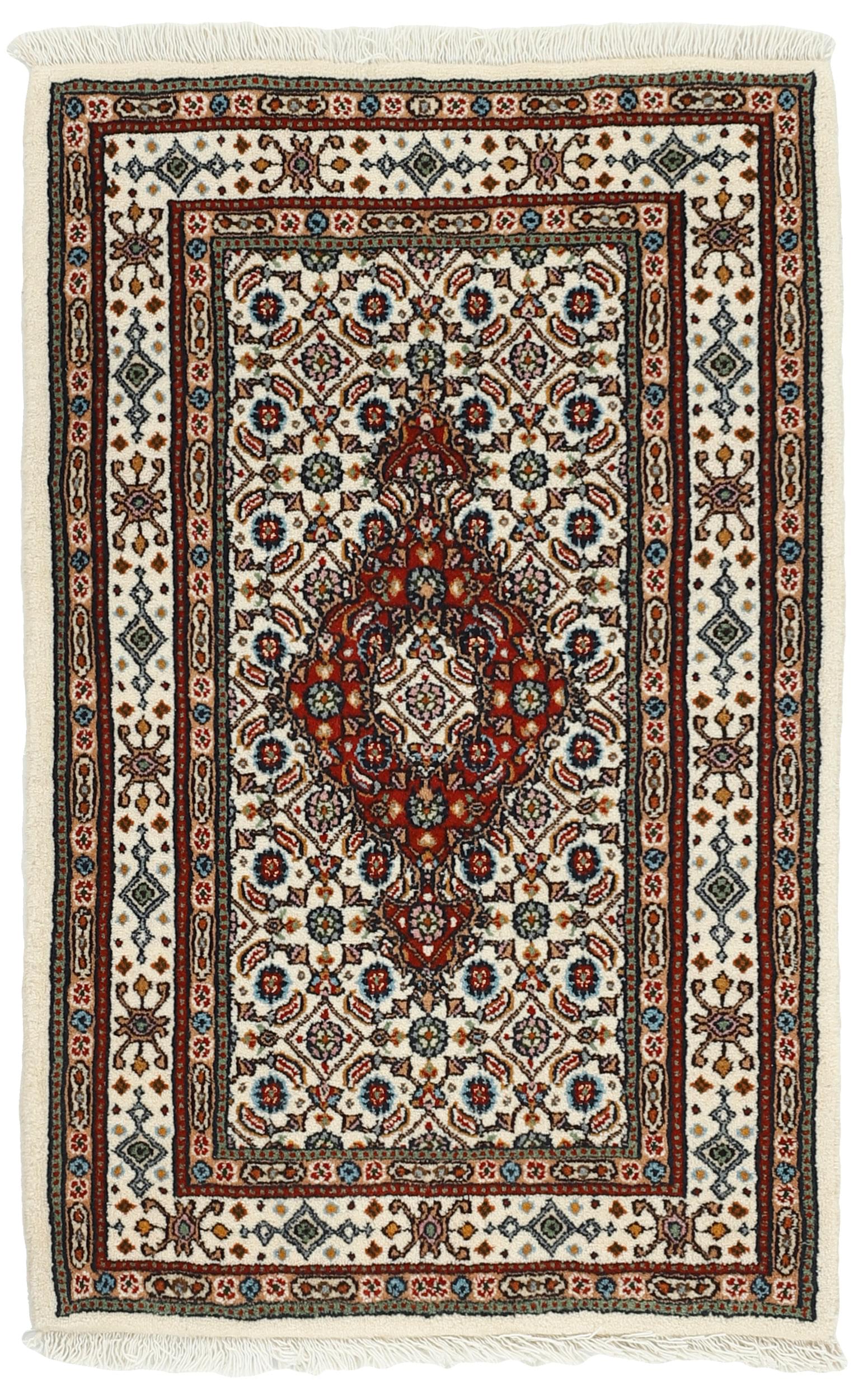 authentic persian rug with traditional floral pattern in red, blue, beige, brown and black