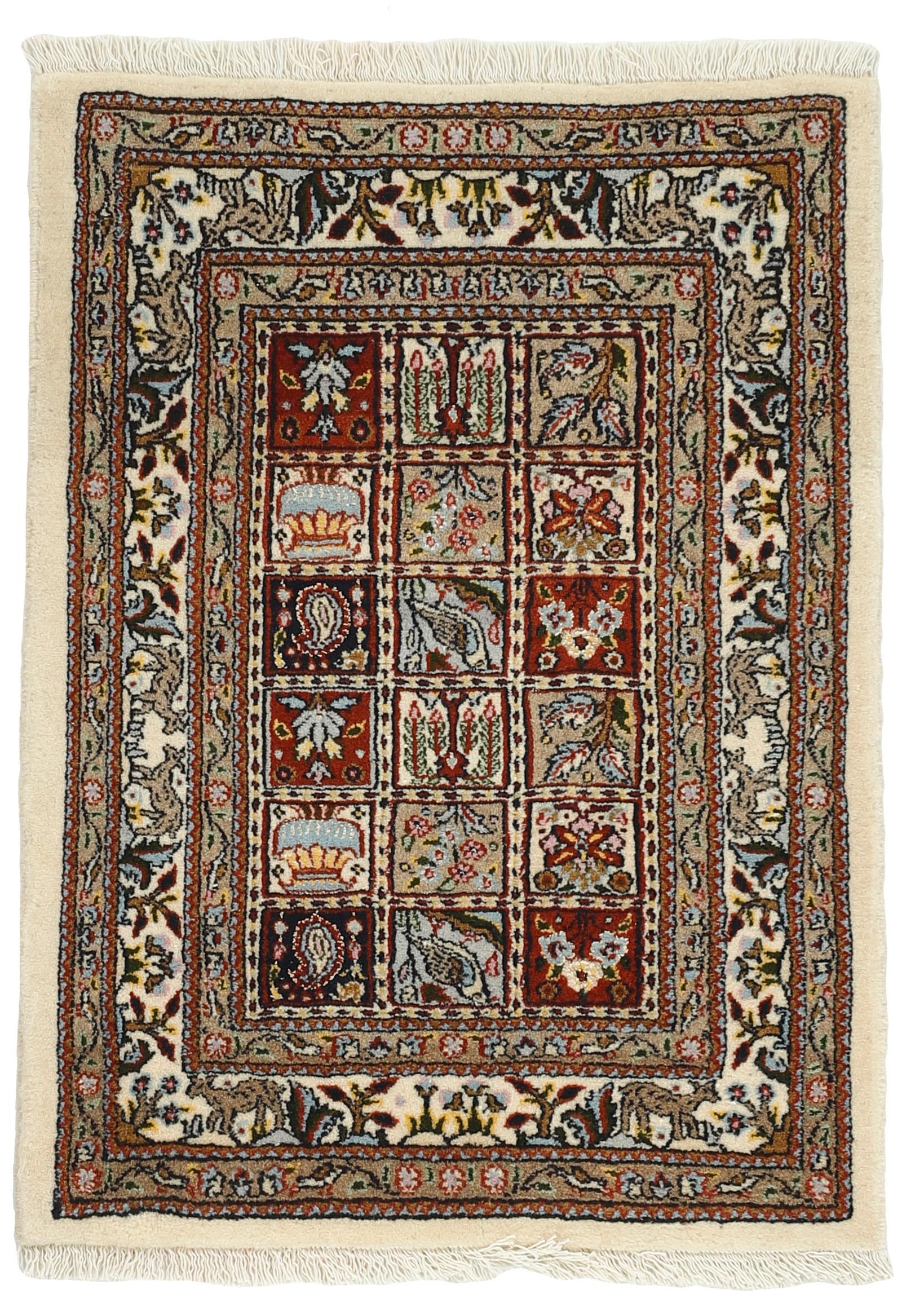 authentic persian rug with floral pattern in beige, blue and red