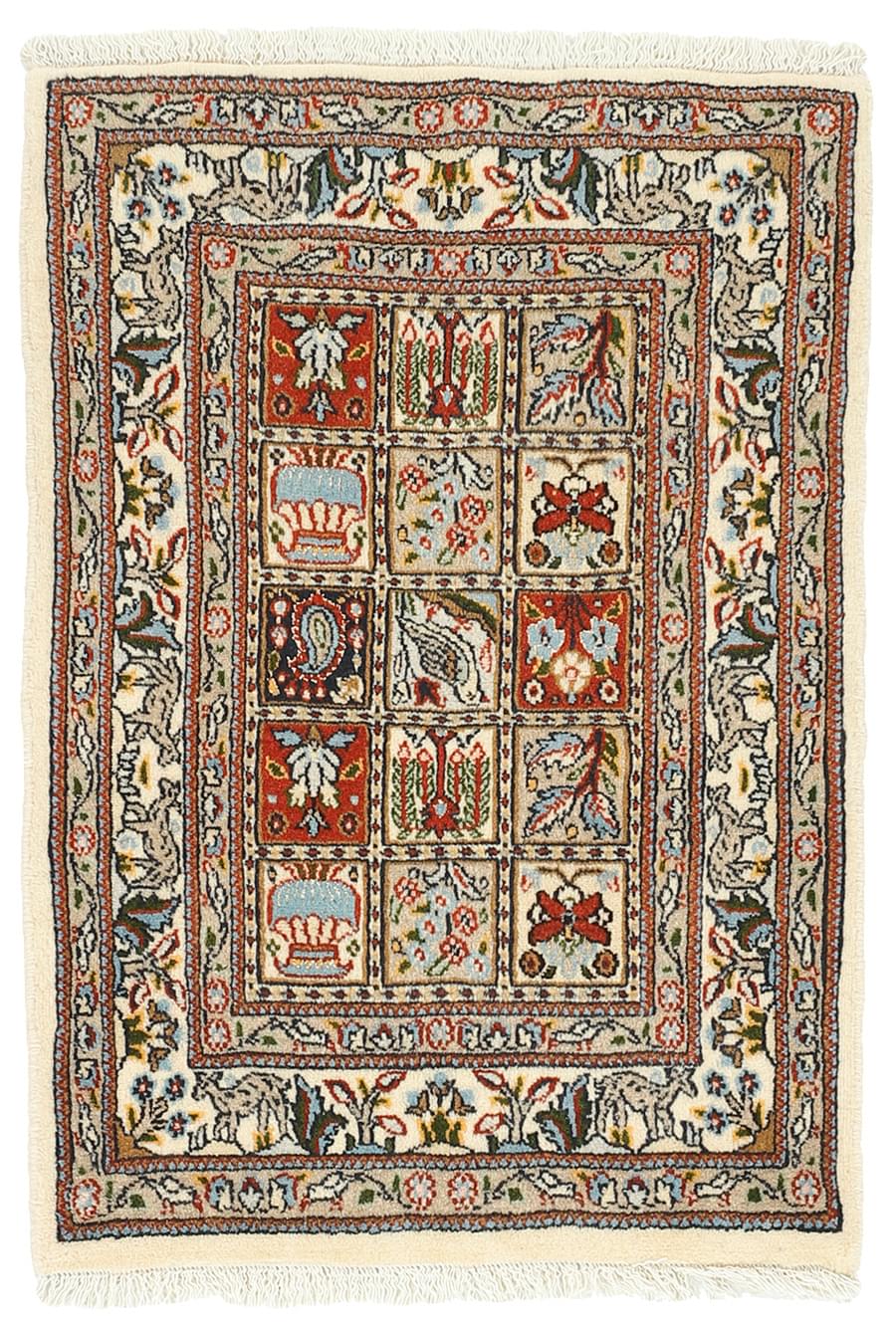authentic persian rug with floral pattern in beige, blue and red