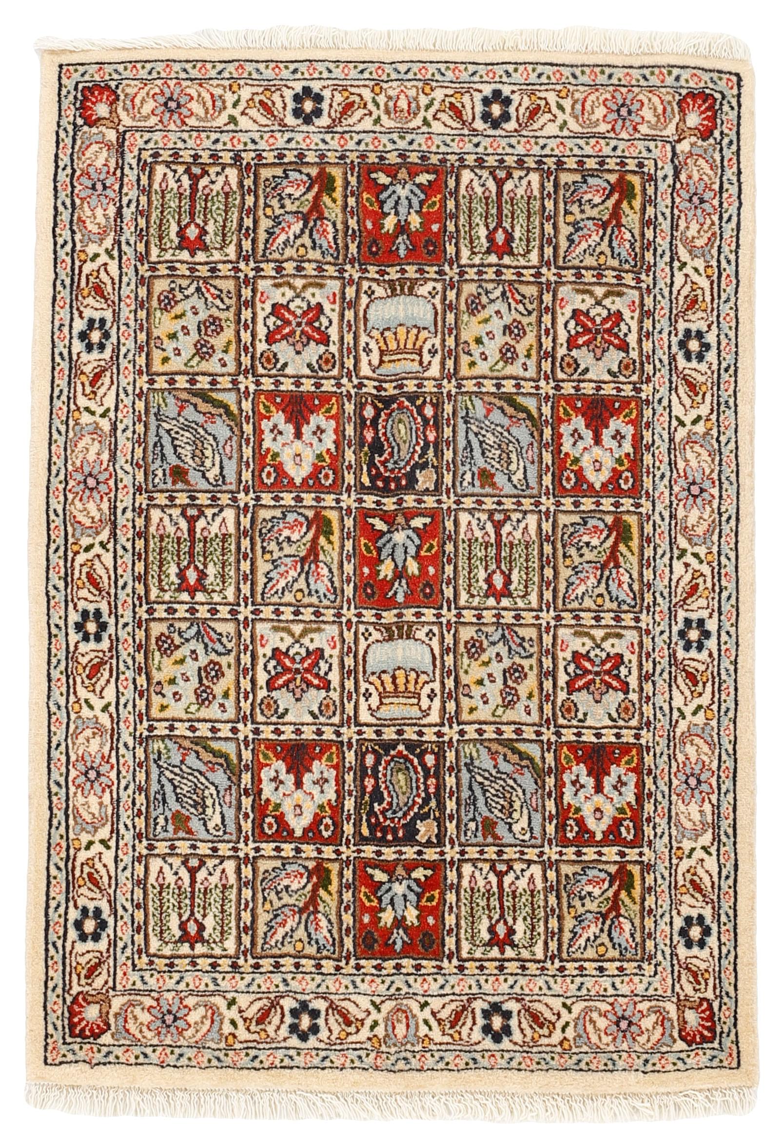 authentic persian rug with floral pattern in beige, blue and red