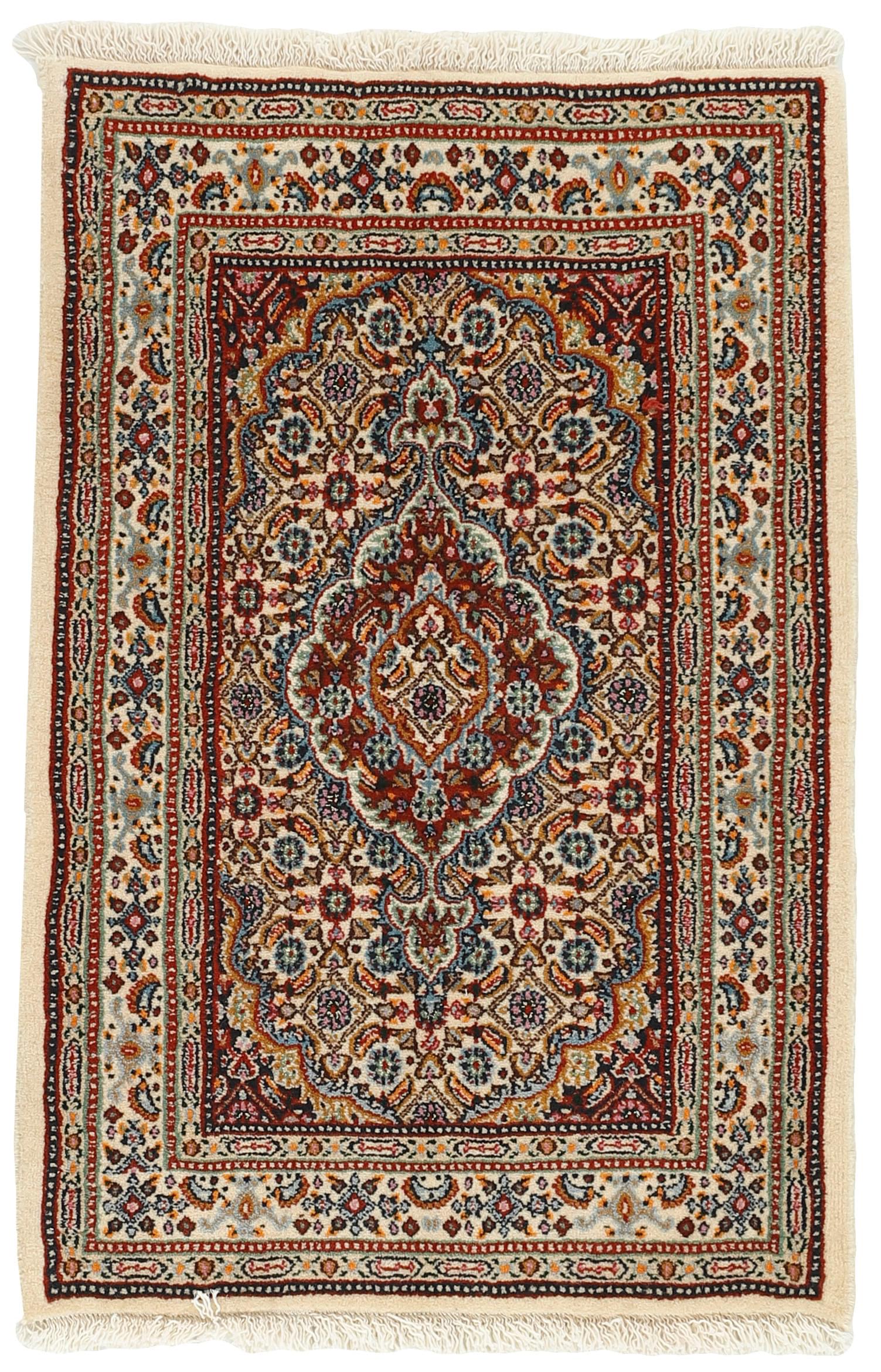 authentic persian rug with traditional floral pattern in red, blue, beige, brown and black