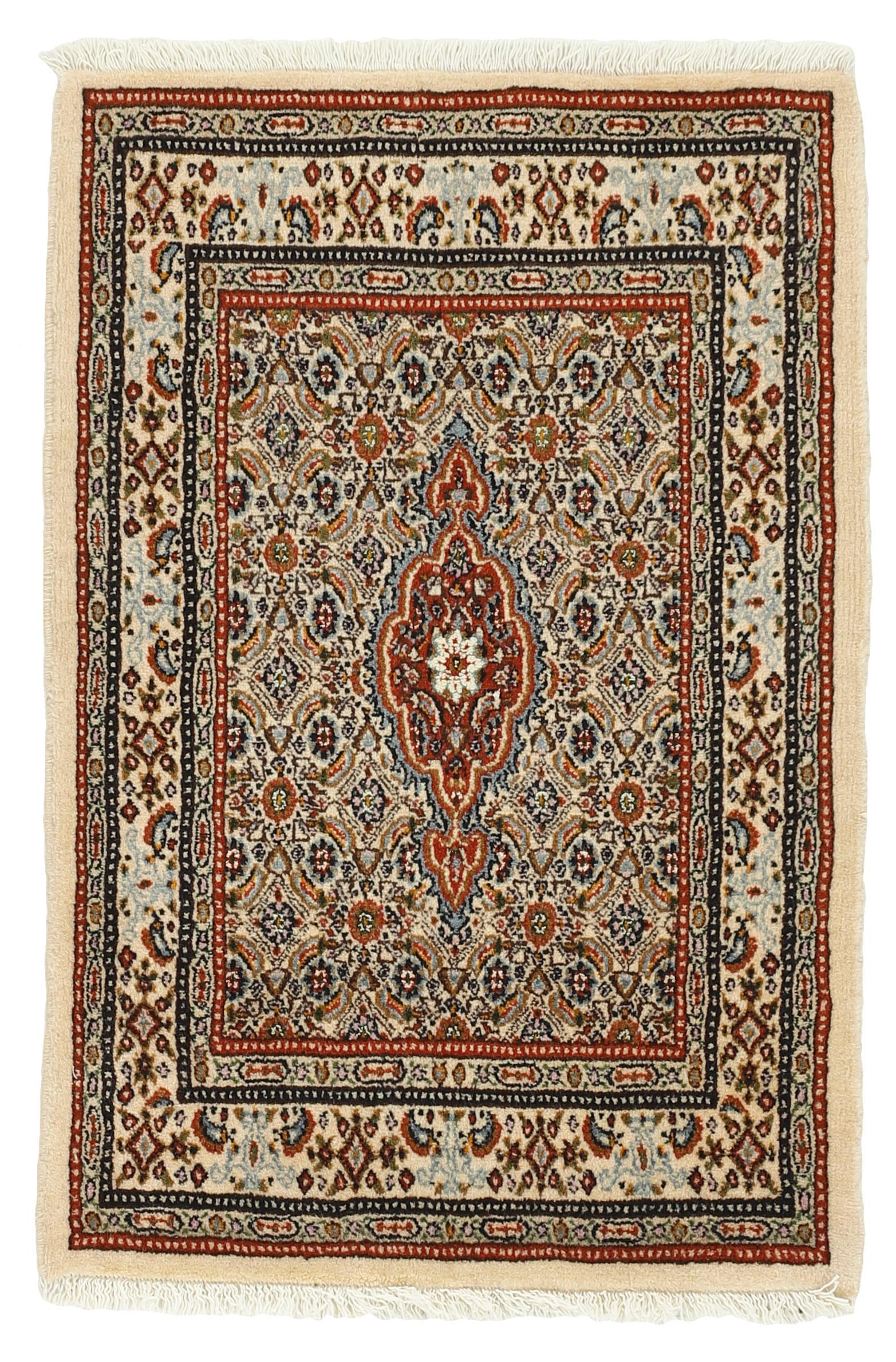 authentic persian rug with traditional floral pattern in red, blue, beige, brown and black