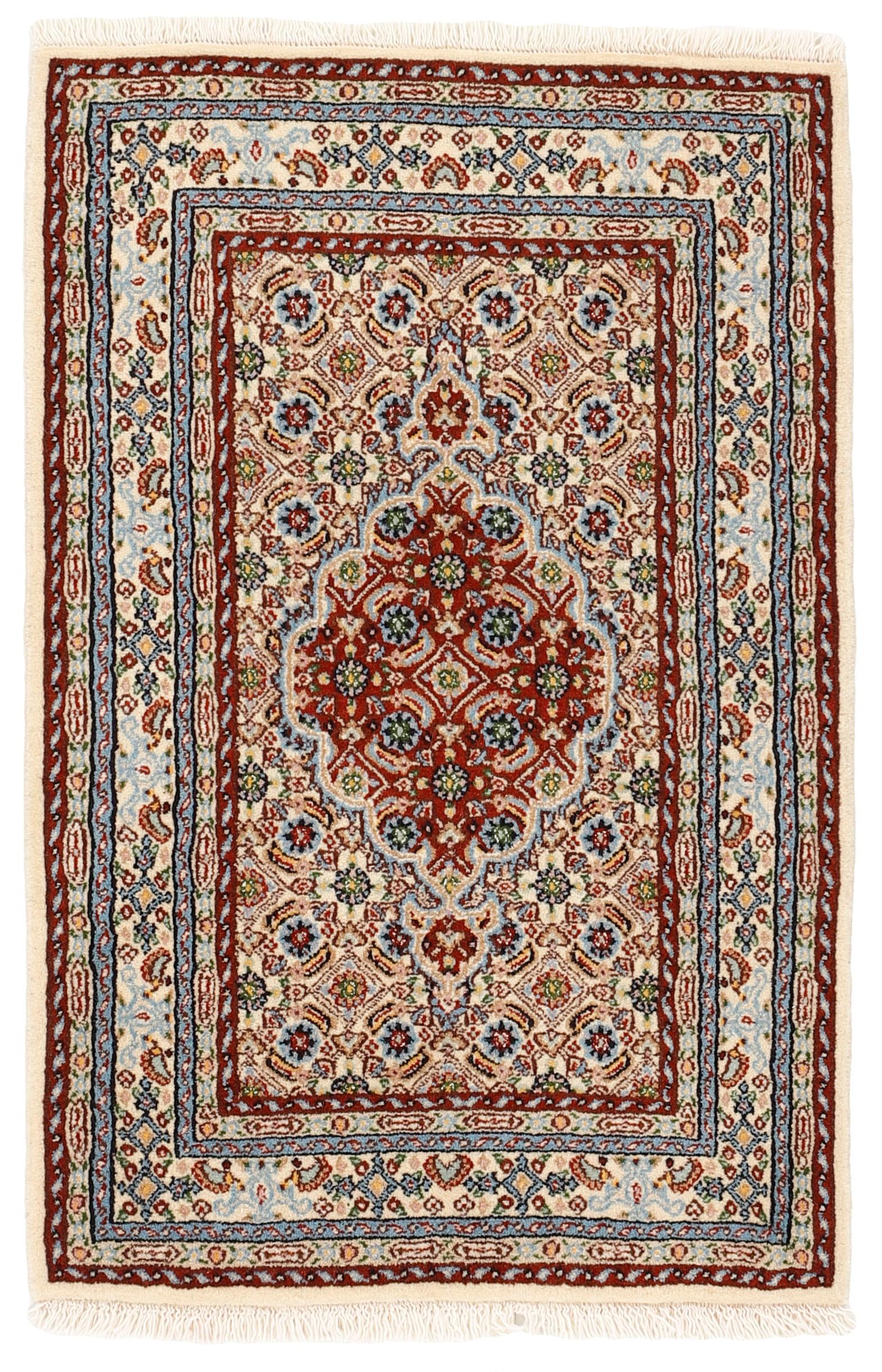 authentic persian rug with traditional floral pattern in red, blue, beige, brown and black