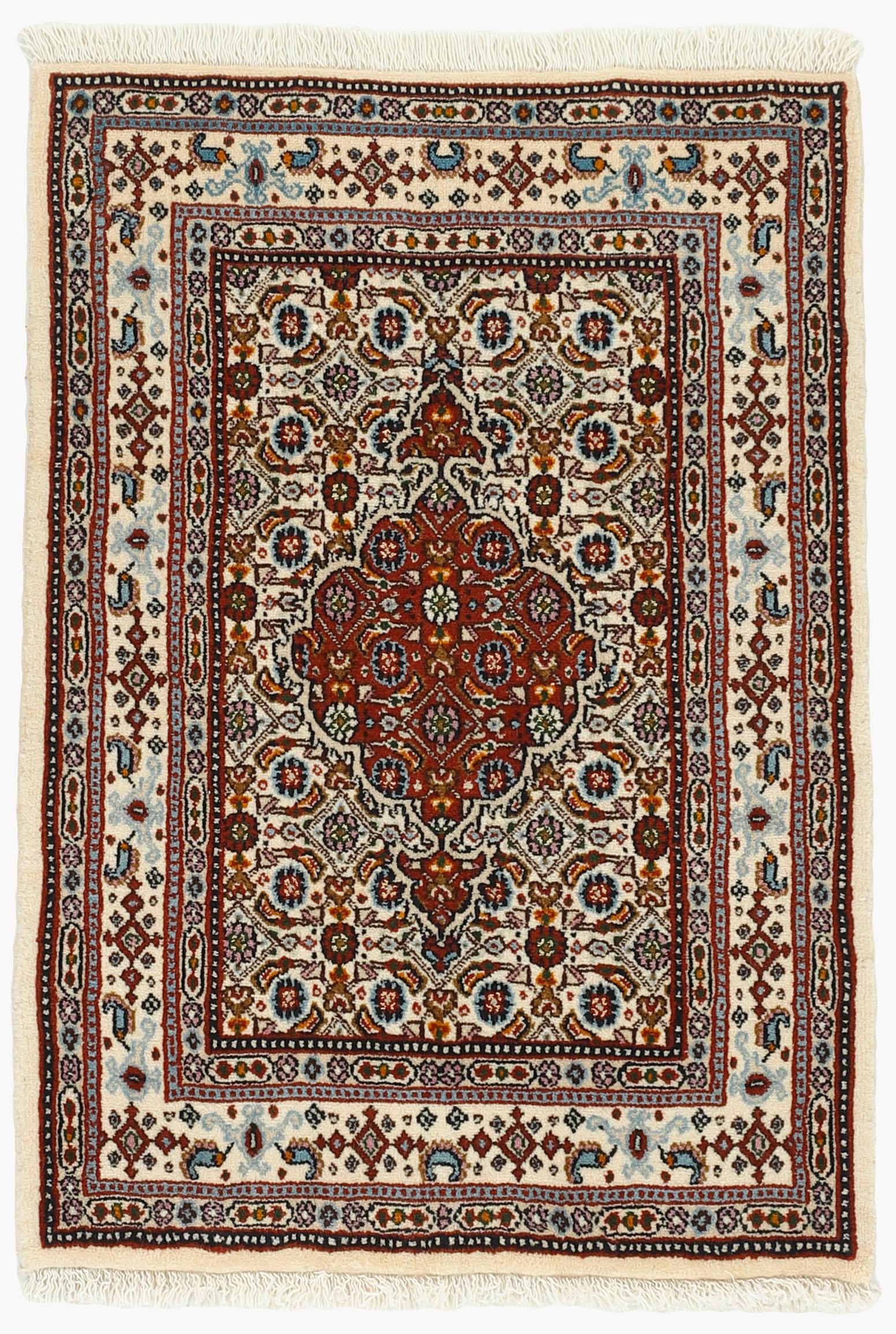 authentic persian rug with traditional floral pattern in red, blue, beige, brown and black