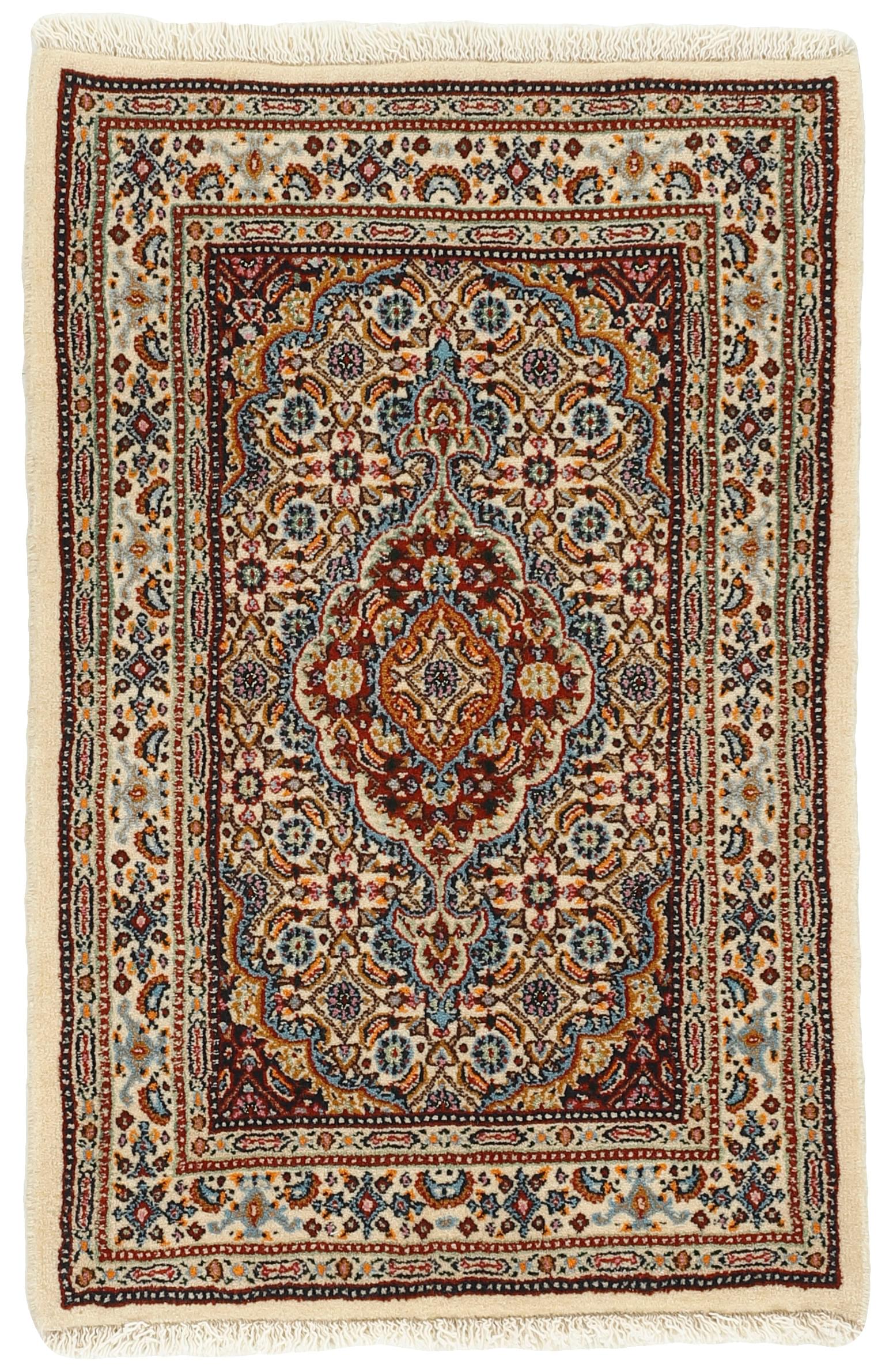 authentic persian rug with traditional floral pattern in red, blue, beige, brown and black