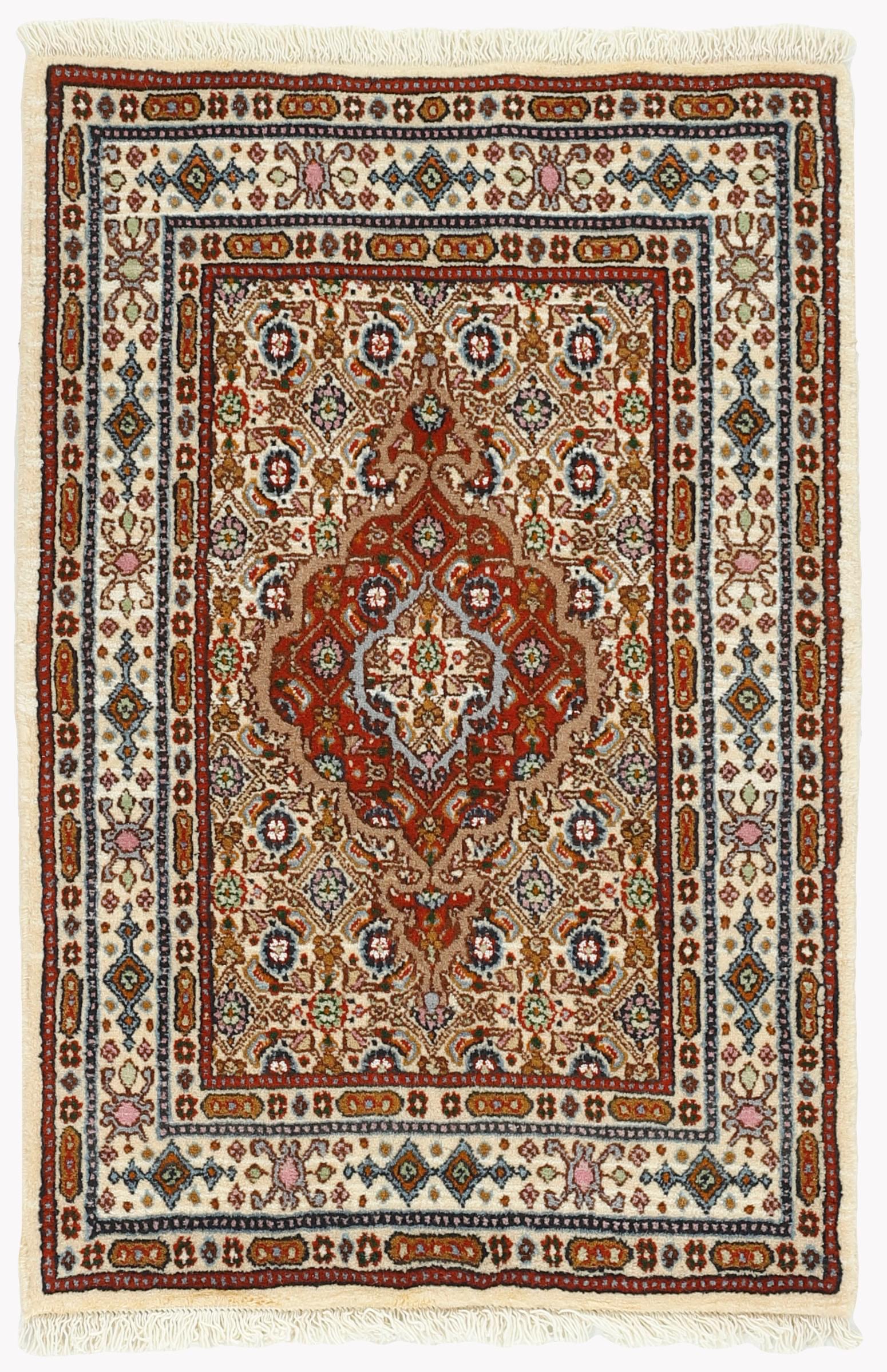 authentic persian rug with traditional floral pattern in red, blue, beige, brown and black