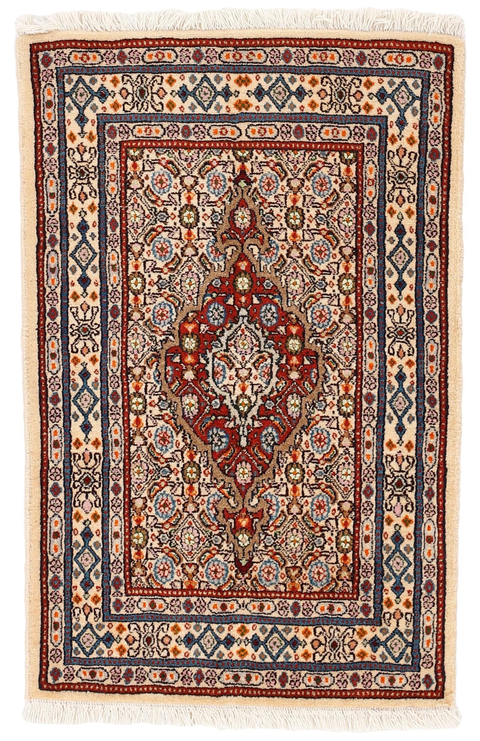 authentic persian rug with traditional floral pattern in red, blue, beige, brown and black