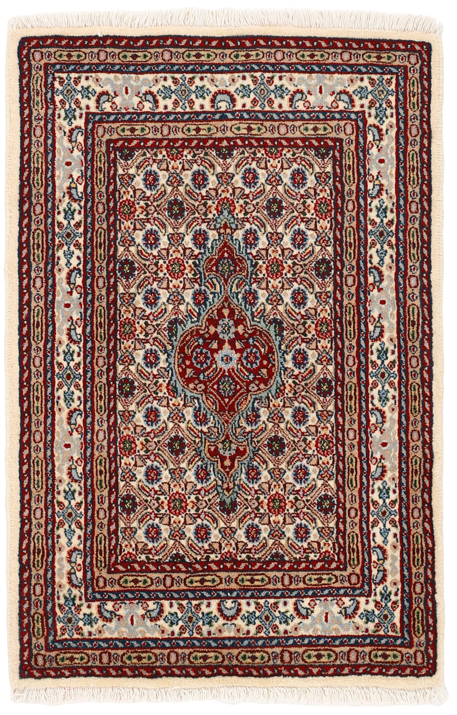 authentic persian rug with traditional floral pattern in red, blue, beige, brown and black