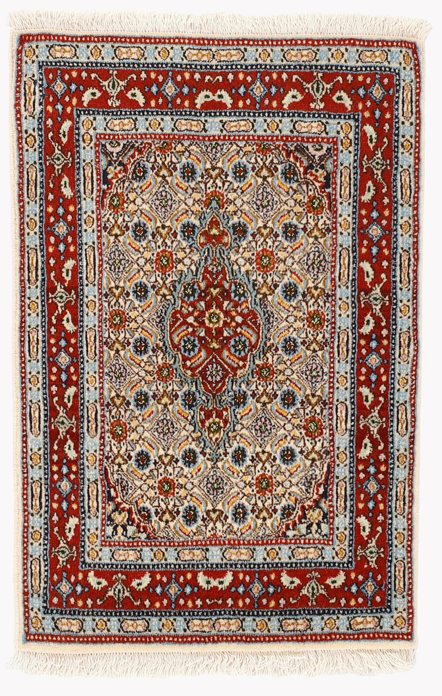 authentic persian rug with traditional floral pattern in red, blue, beige, brown and black
