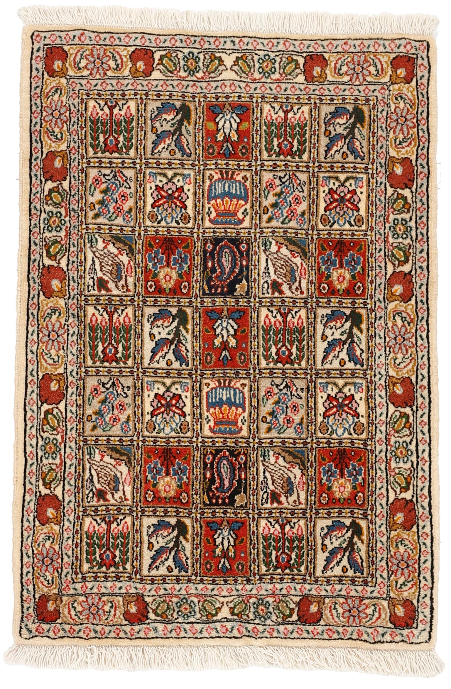 authentic persian rug with floral pattern in beige, blue and red