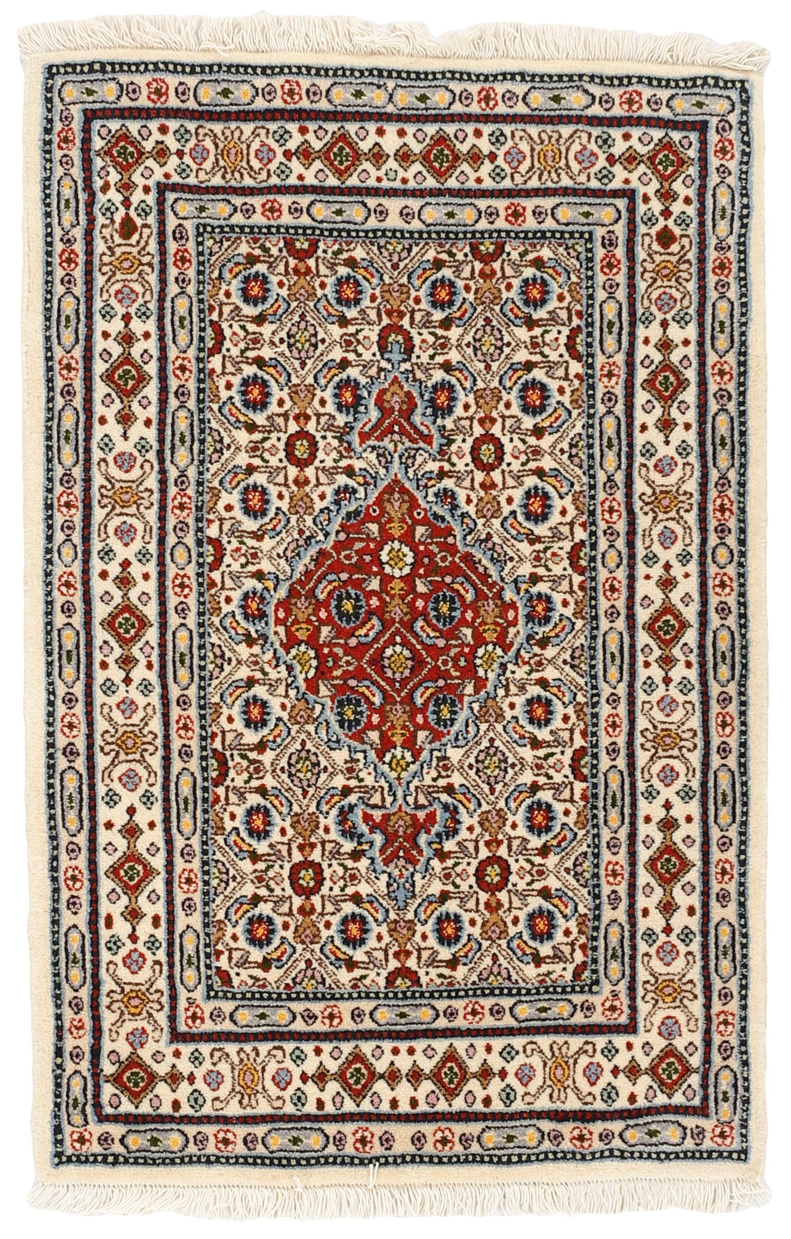 authentic persian rug with traditional floral pattern in red, blue, beige, brown and black
