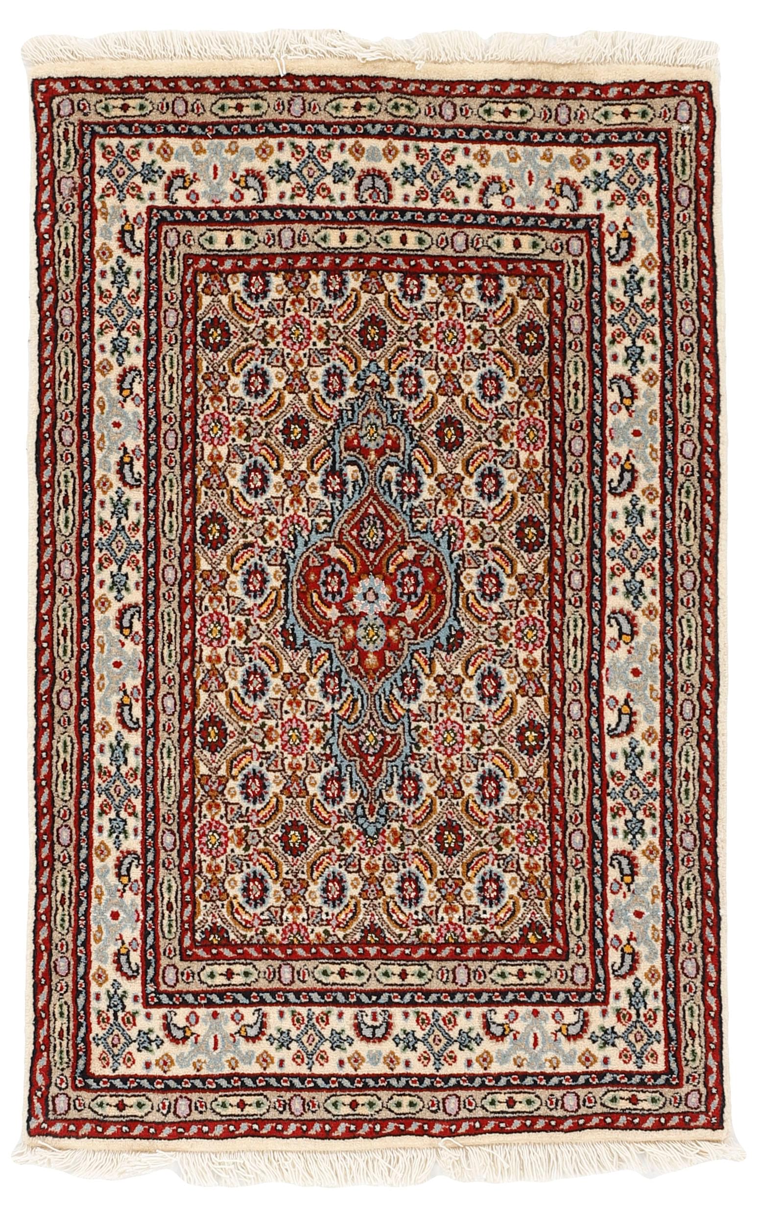 authentic persian rug with traditional floral pattern in red, blue, beige, brown and black