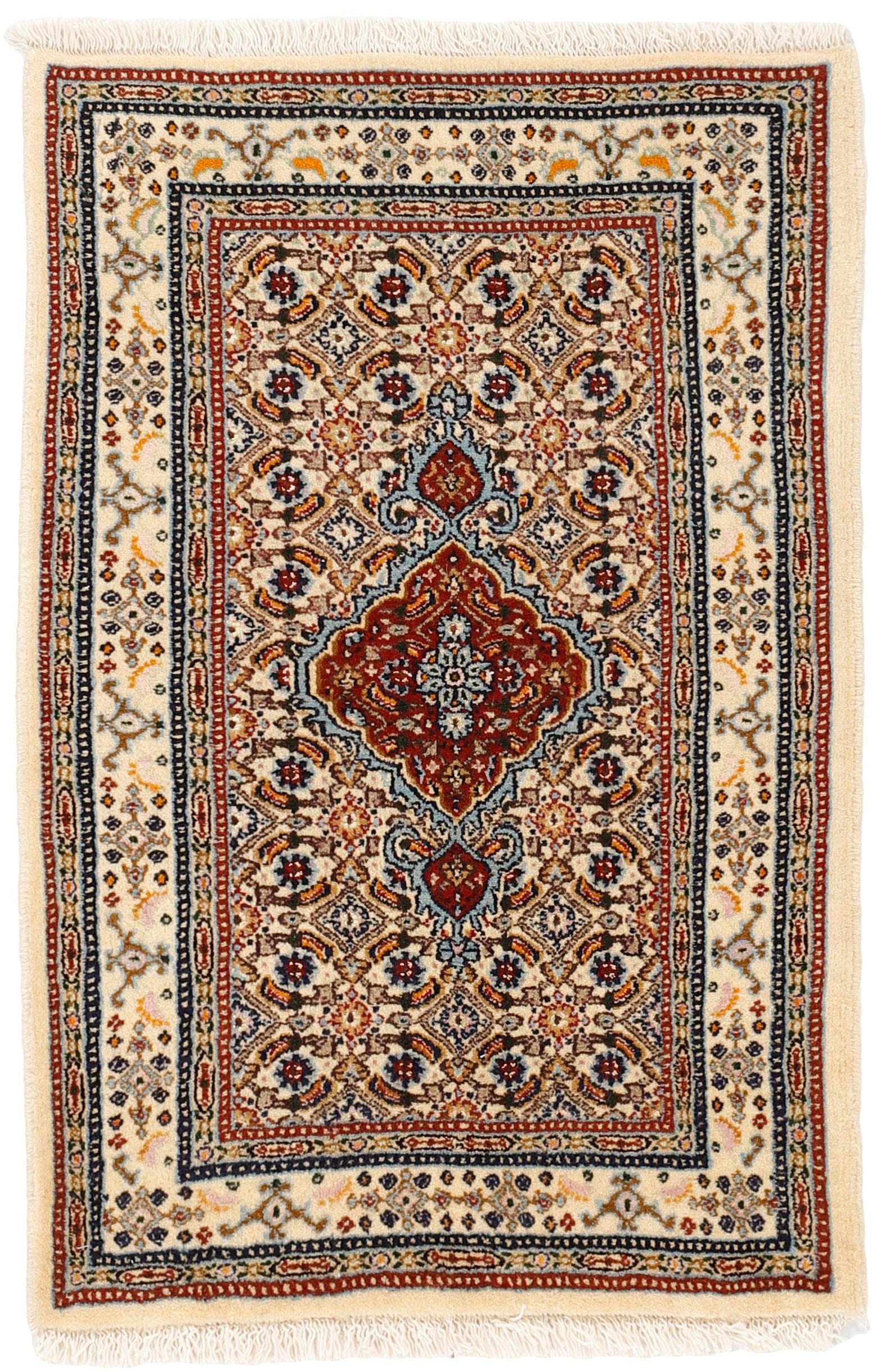 authentic persian rug with traditional floral pattern in red, blue, beige, brown and black