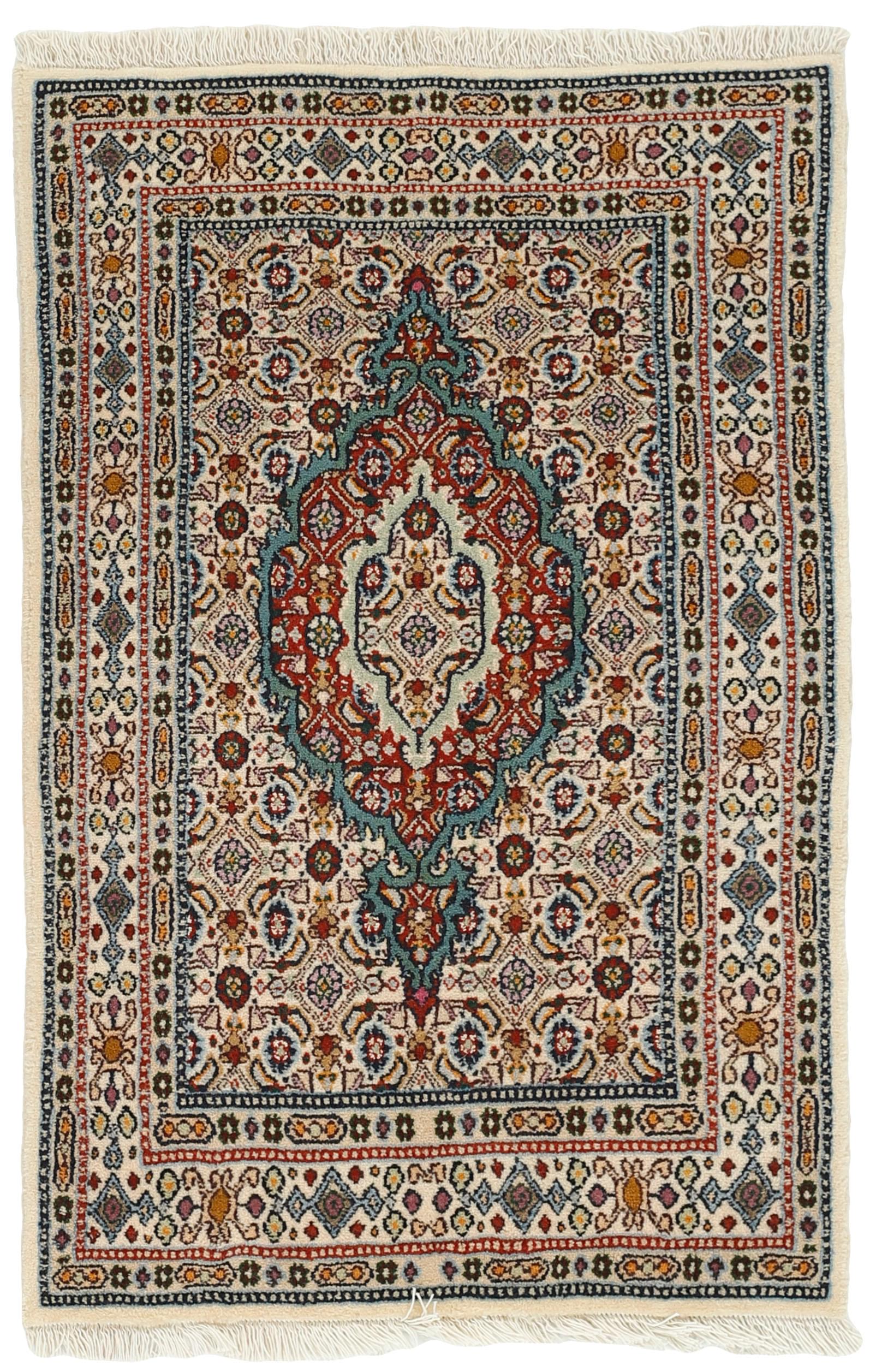 authentic persian rug with traditional floral pattern in red, blue, beige, brown and black