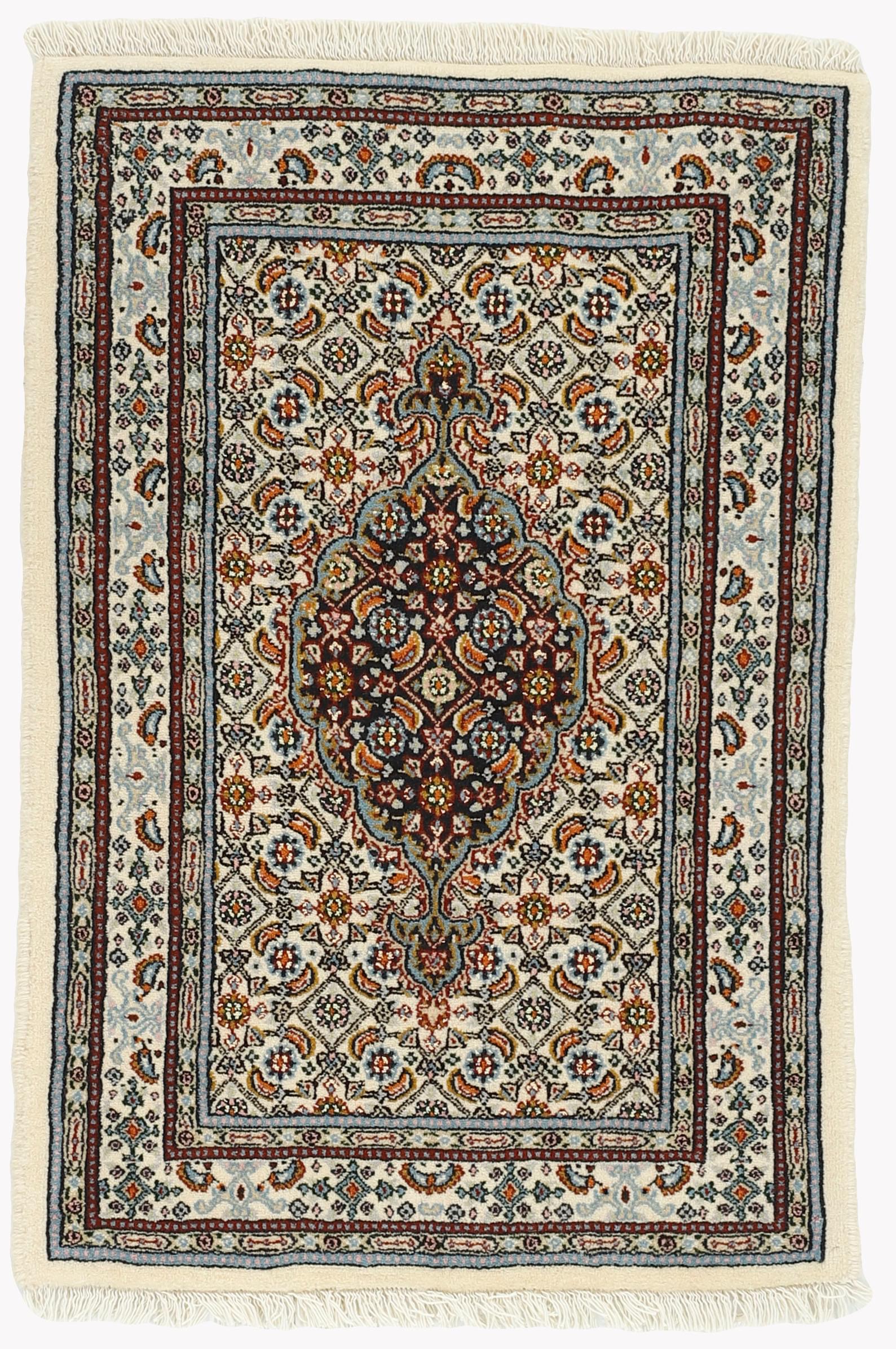authentic persian rug with traditional floral pattern in red, blue, beige, brown and black