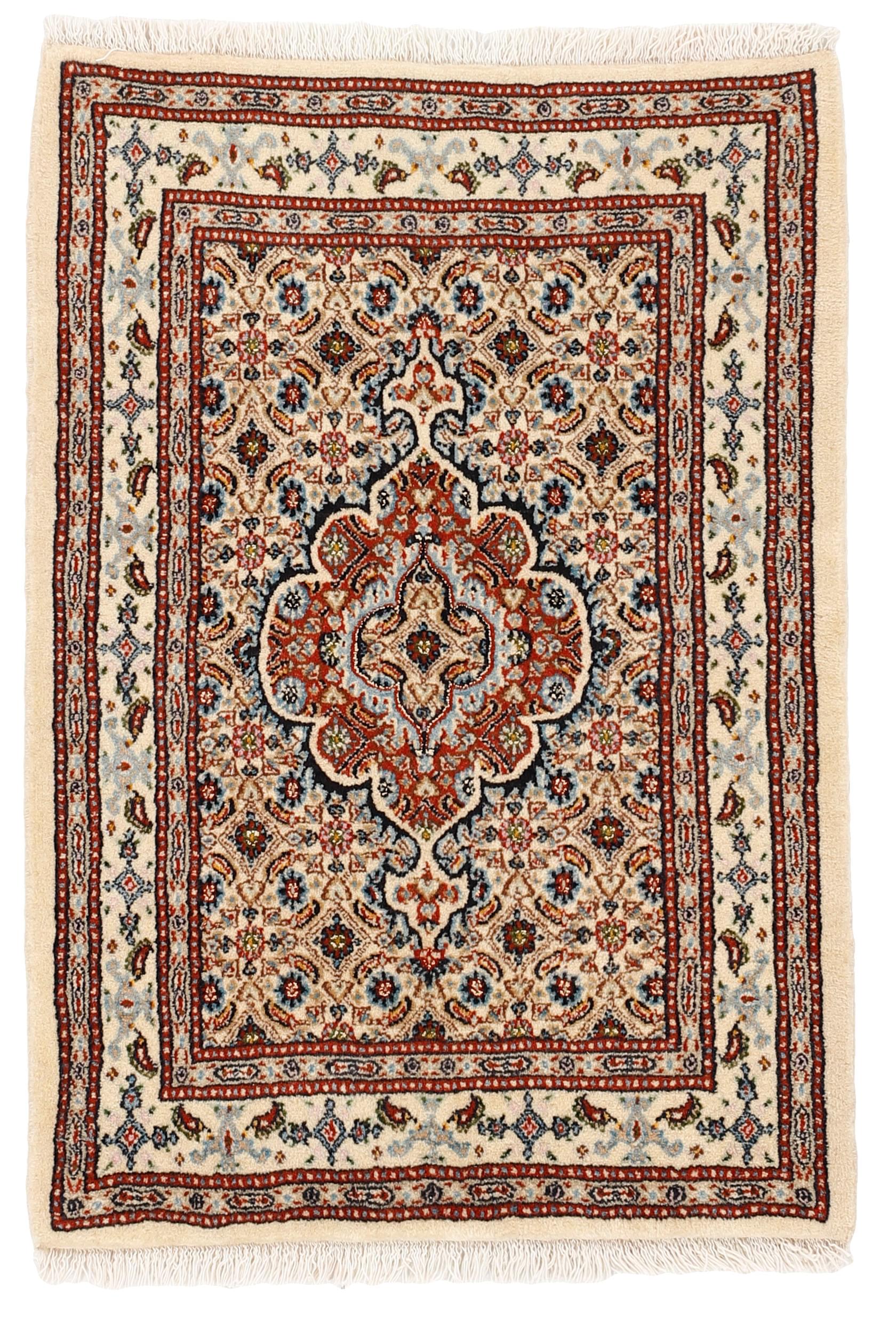 authentic persian rug with traditional floral pattern in red, blue, beige, brown and black