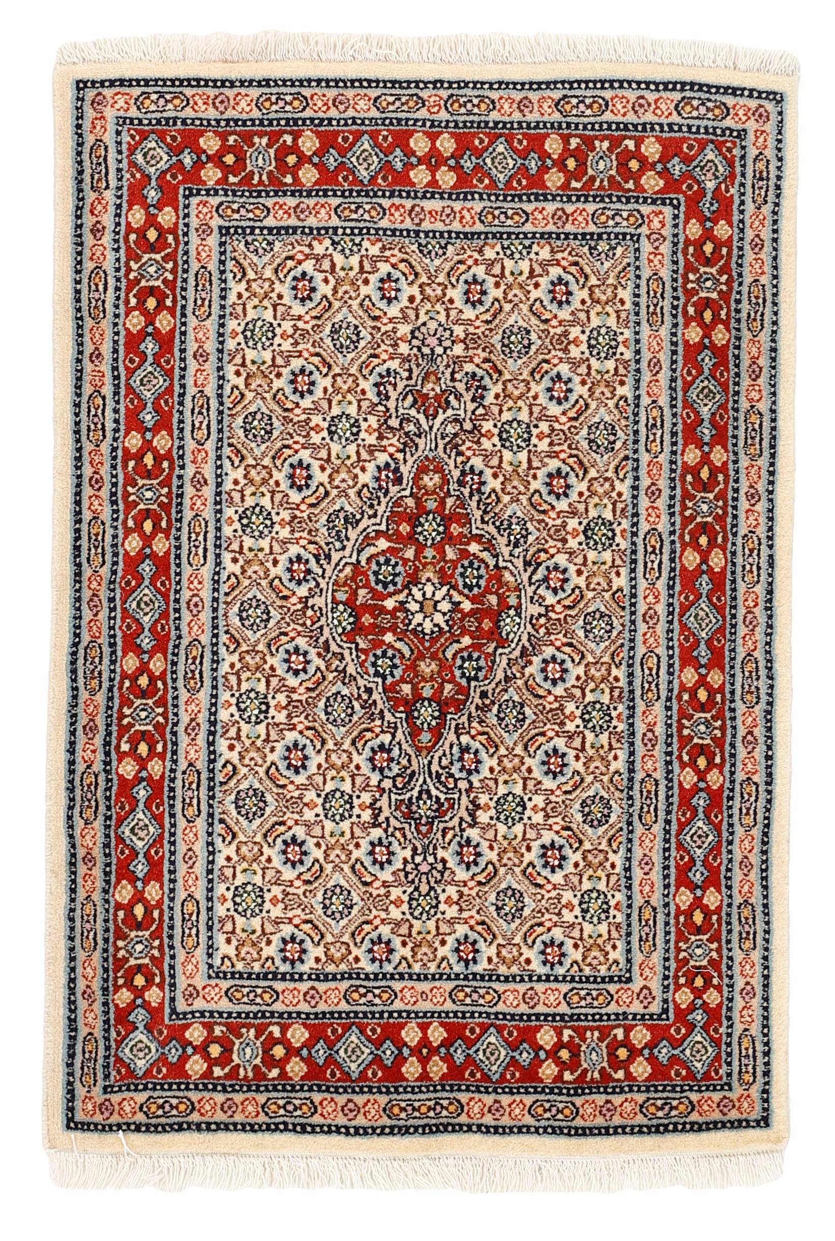 authentic persian rug with traditional floral pattern in red, blue, beige, brown and black