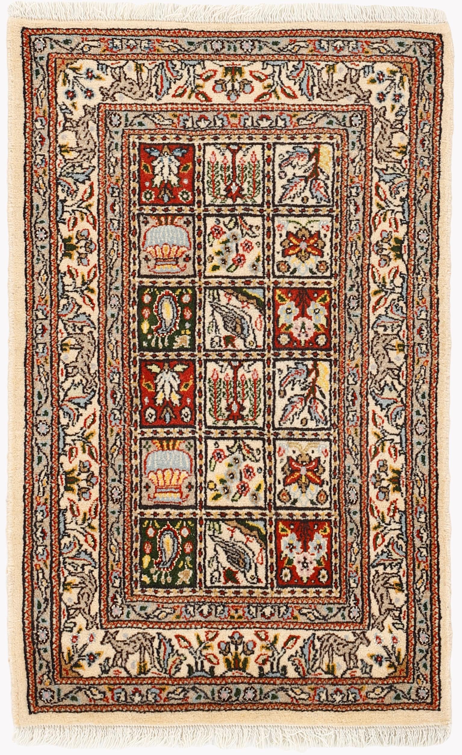 authentic persian rug with floral pattern in beige, blue and red