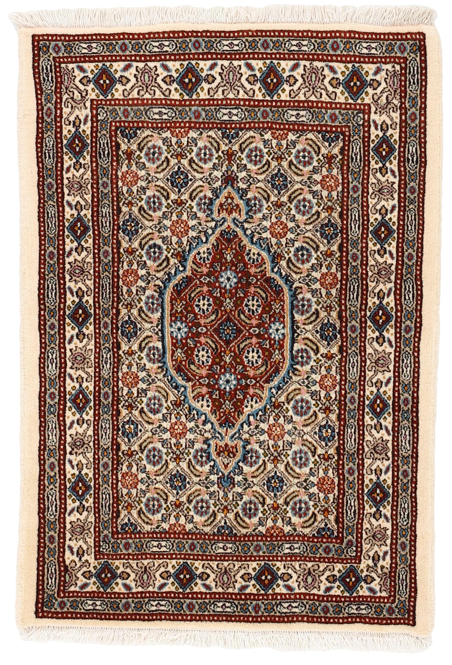 authentic persian rug with traditional floral pattern in red, blue, beige, brown and black