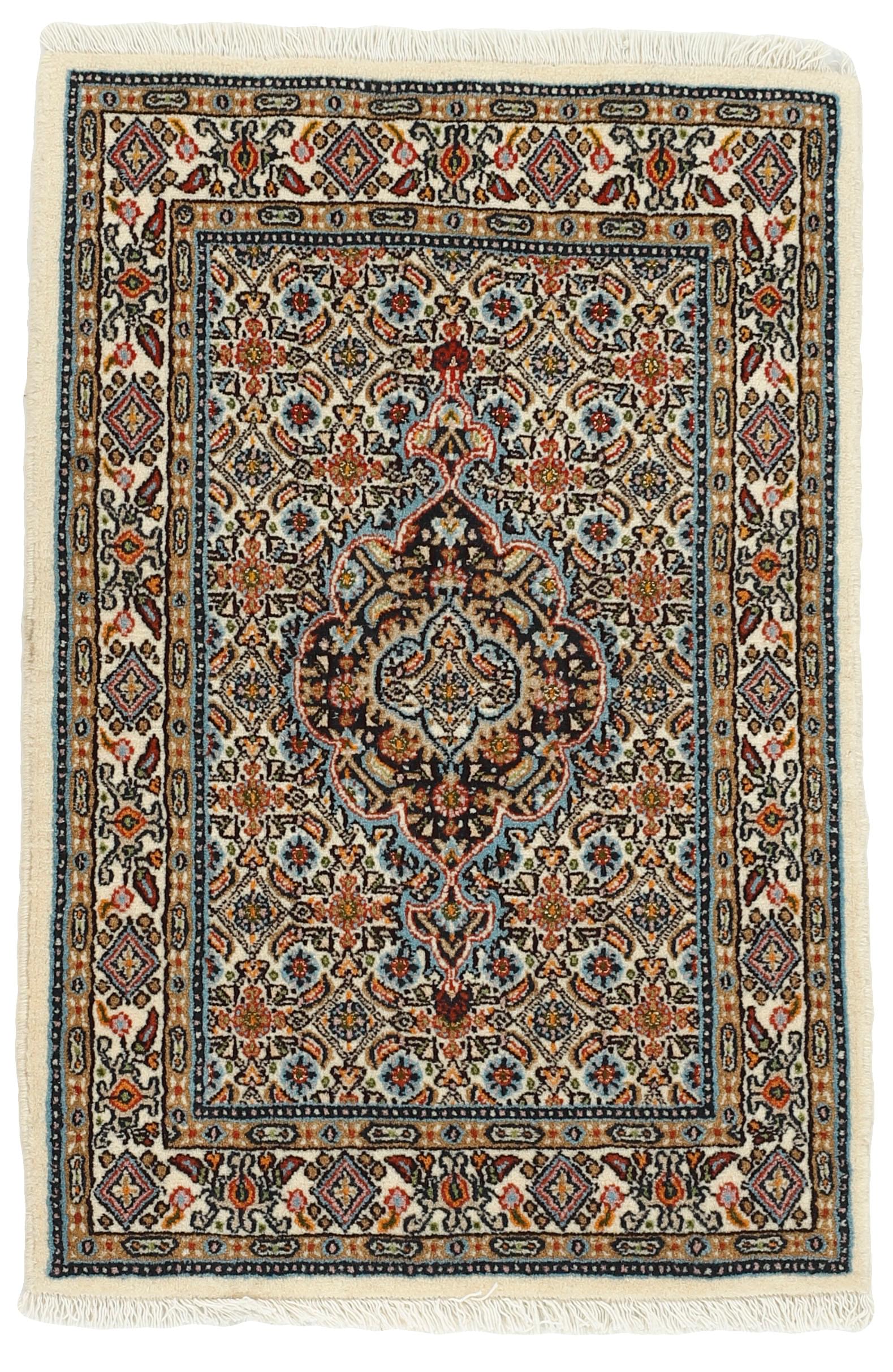 authentic persian rug with traditional floral pattern in red, blue, beige, brown and black