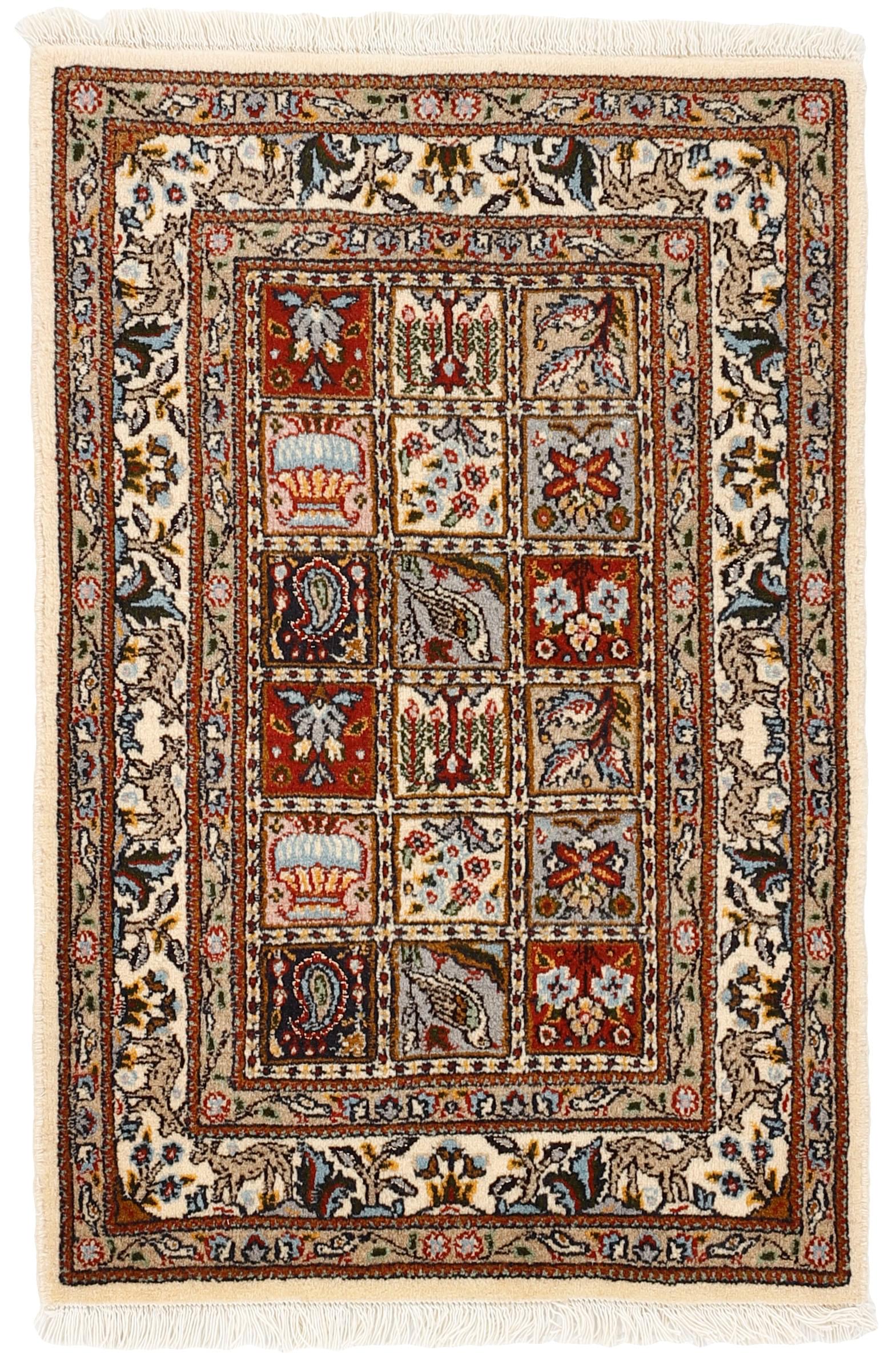 authentic persian rug with floral pattern in beige, blue and red