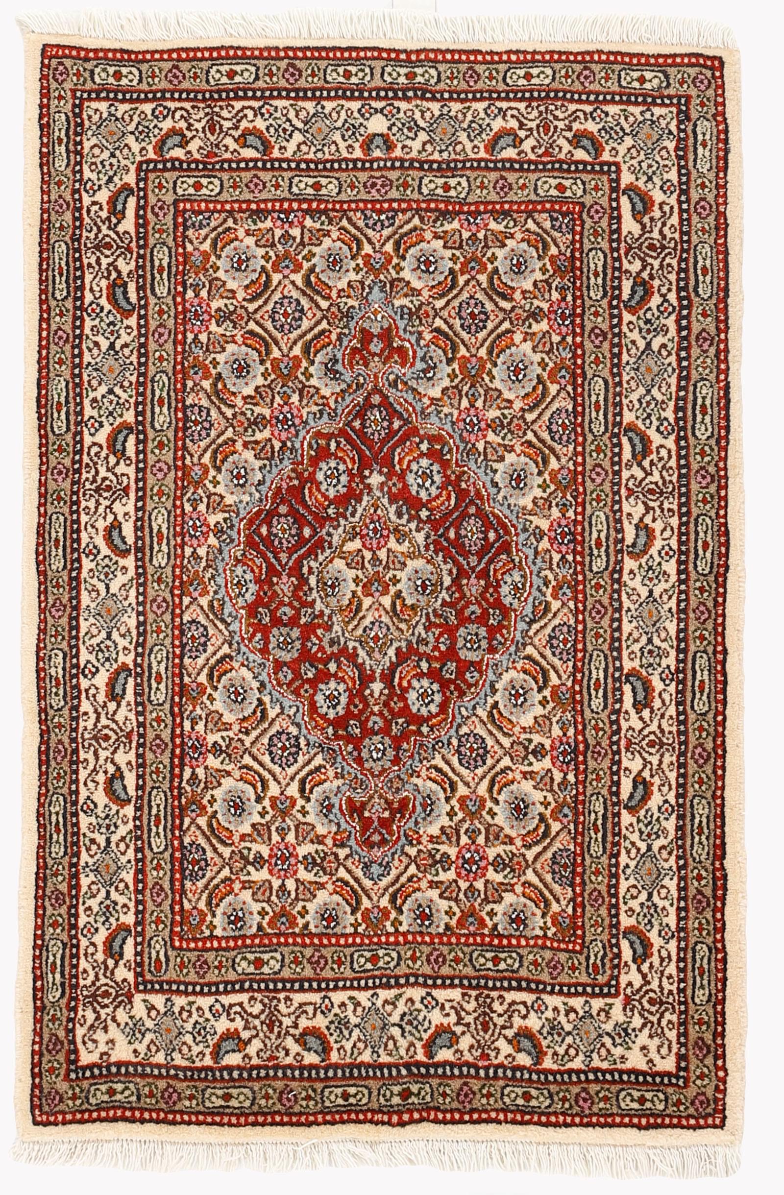 authentic persian rug with traditional floral pattern in red, blue, beige, brown and black