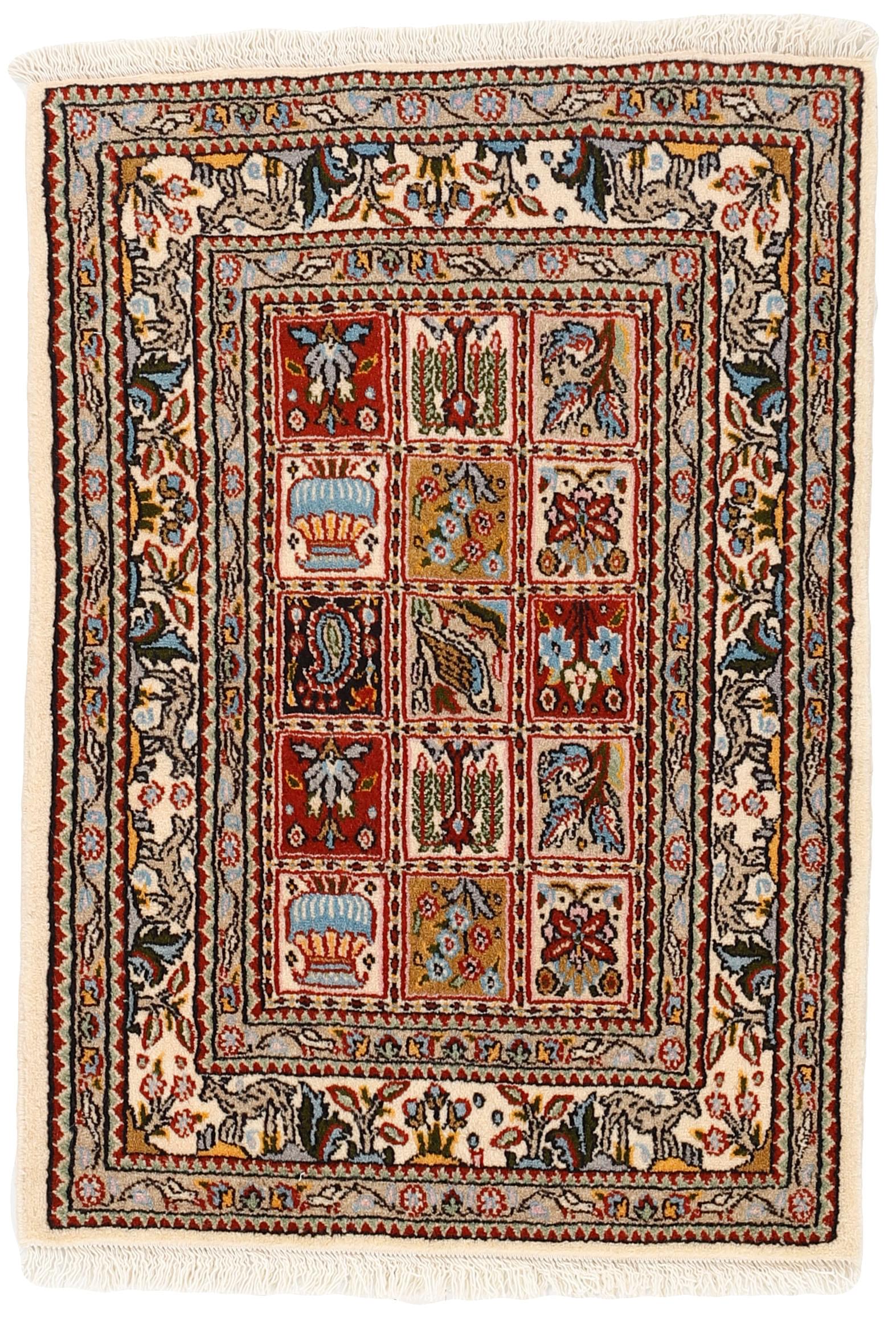 authentic persian rug with floral pattern in beige, blue and red
