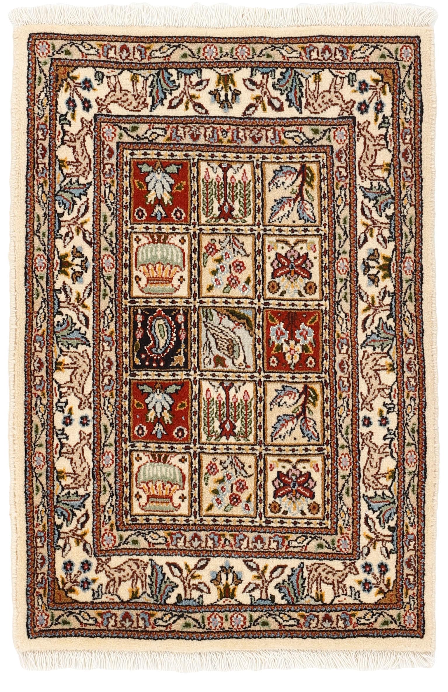 authentic persian rug with floral pattern in beige, blue and red