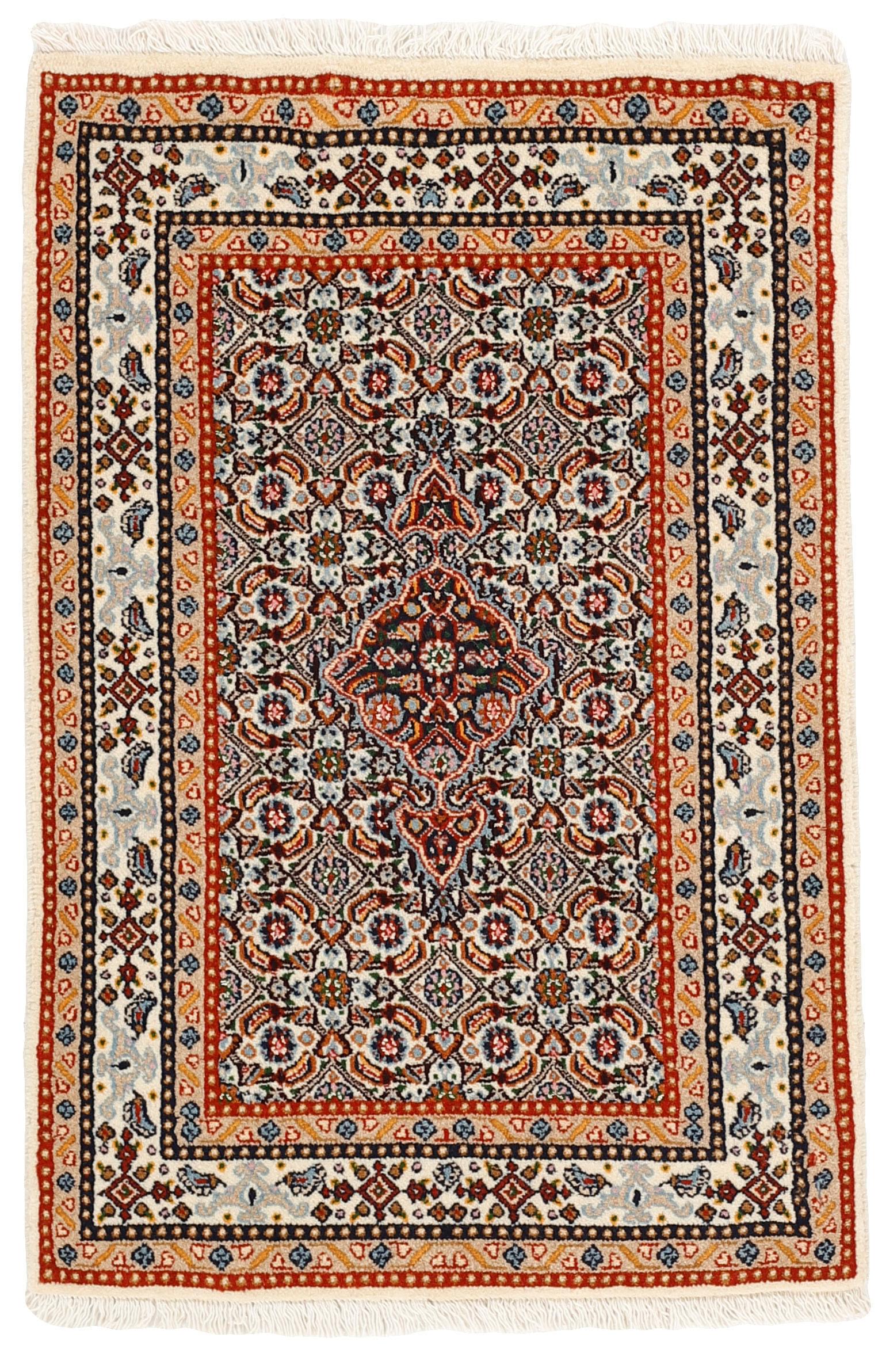 authentic persian rug with traditional floral pattern in red, blue, beige, brown and black