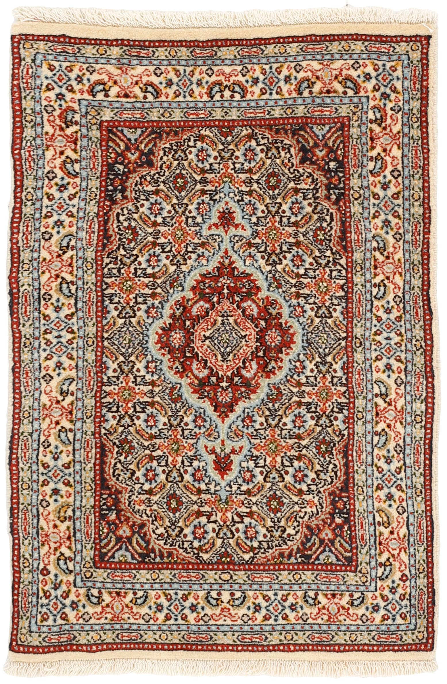authentic persian rug with traditional floral pattern in red, blue, beige, brown and black