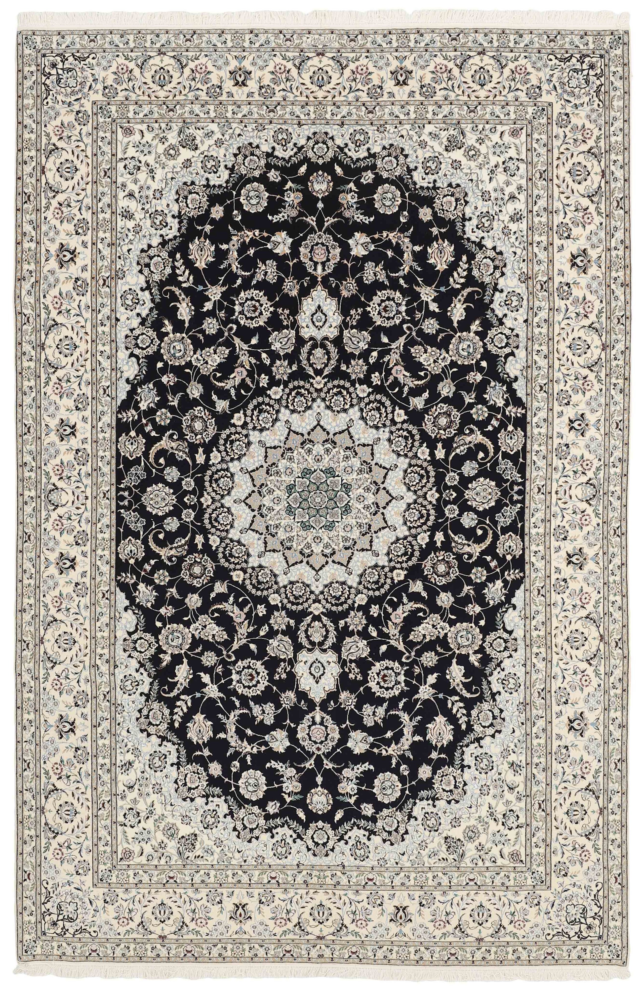 Authentic oriental rug with traditional floral design in cream, red and black