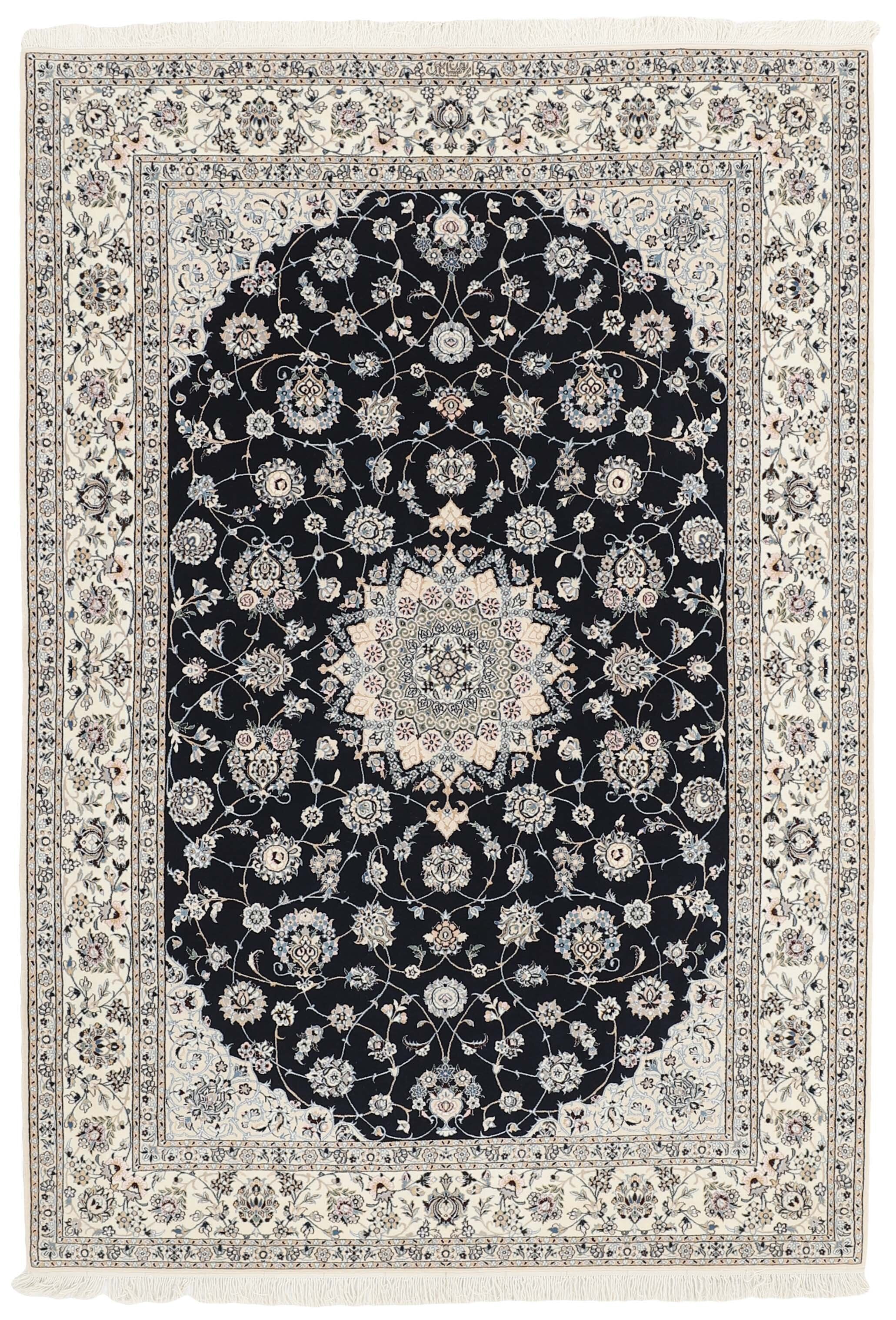 Authentic oriental rug with traditional floral design in cream, red and black