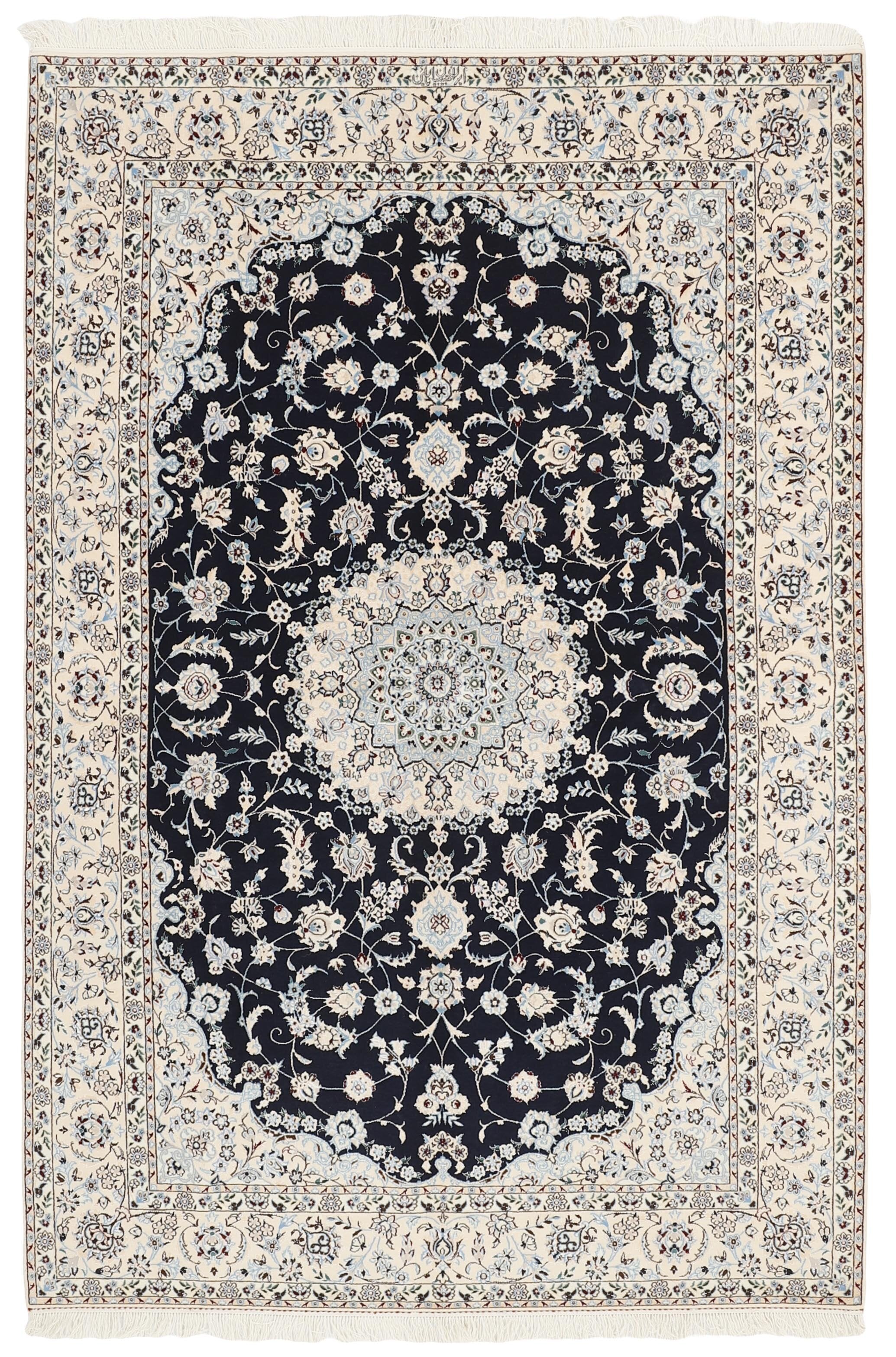 Authentic oriental rug with traditional floral design in cream, red and black
