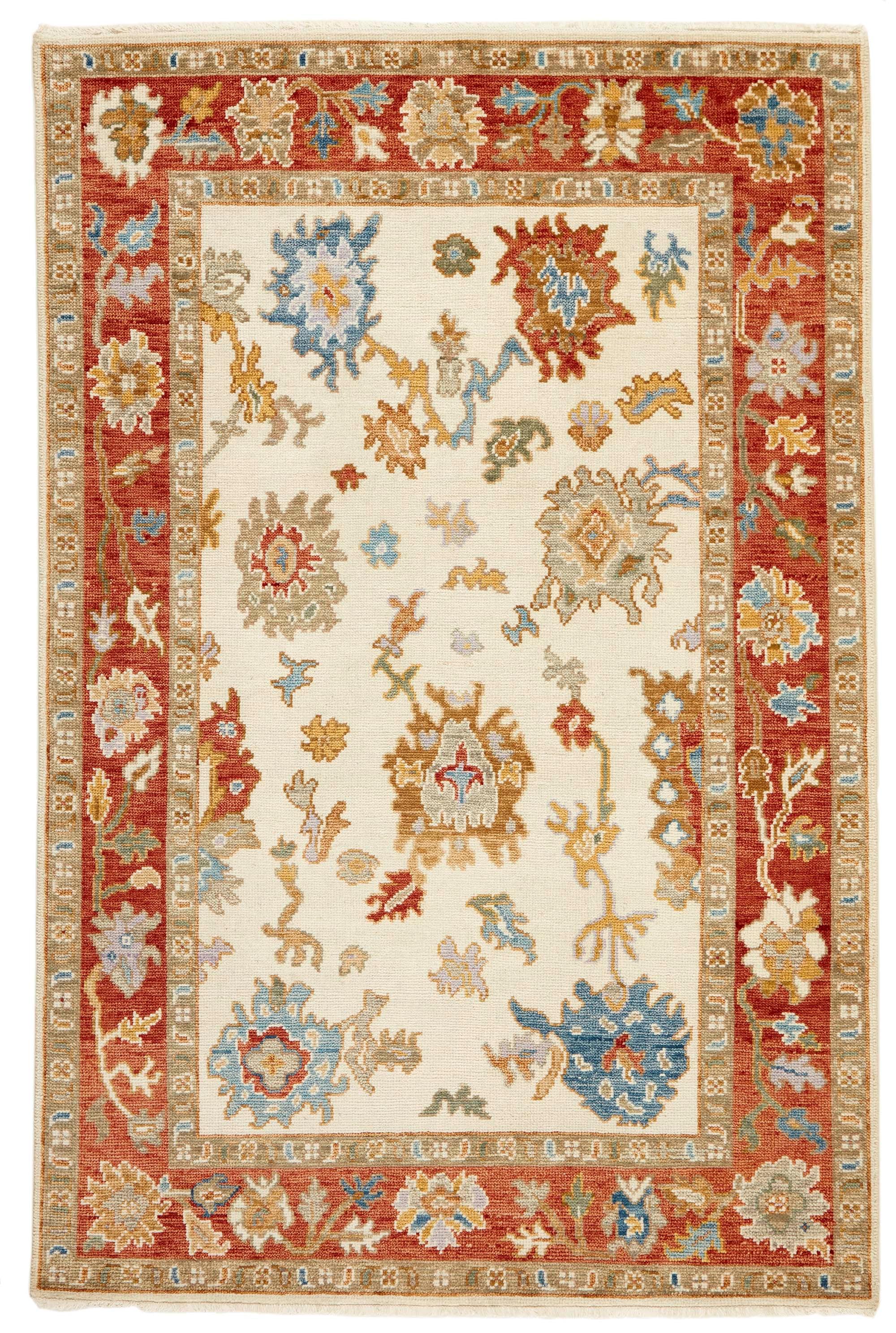 authentic Oriental rug with traditional motifs in red, yellow, blue, green, purple, beige and brown